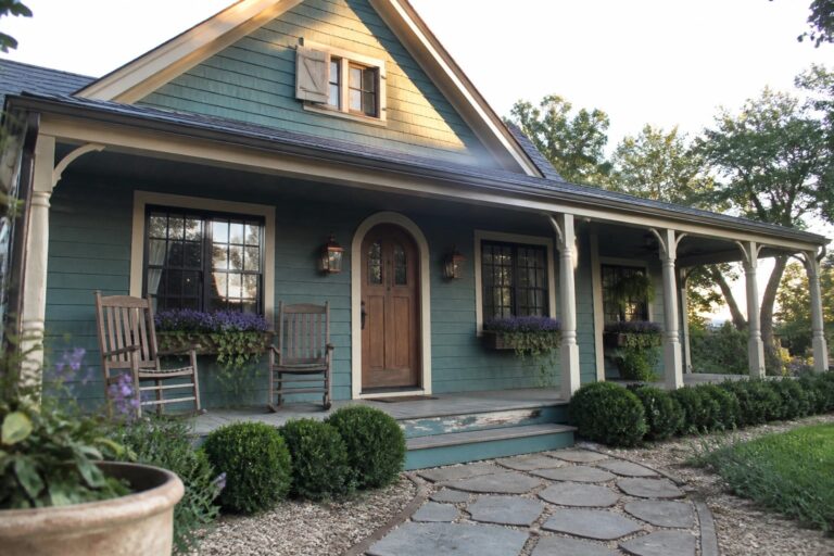 A two-story house with dusty teal wood siding, white trim, a covered front porch with rocking chairs, and a brown wooden door.