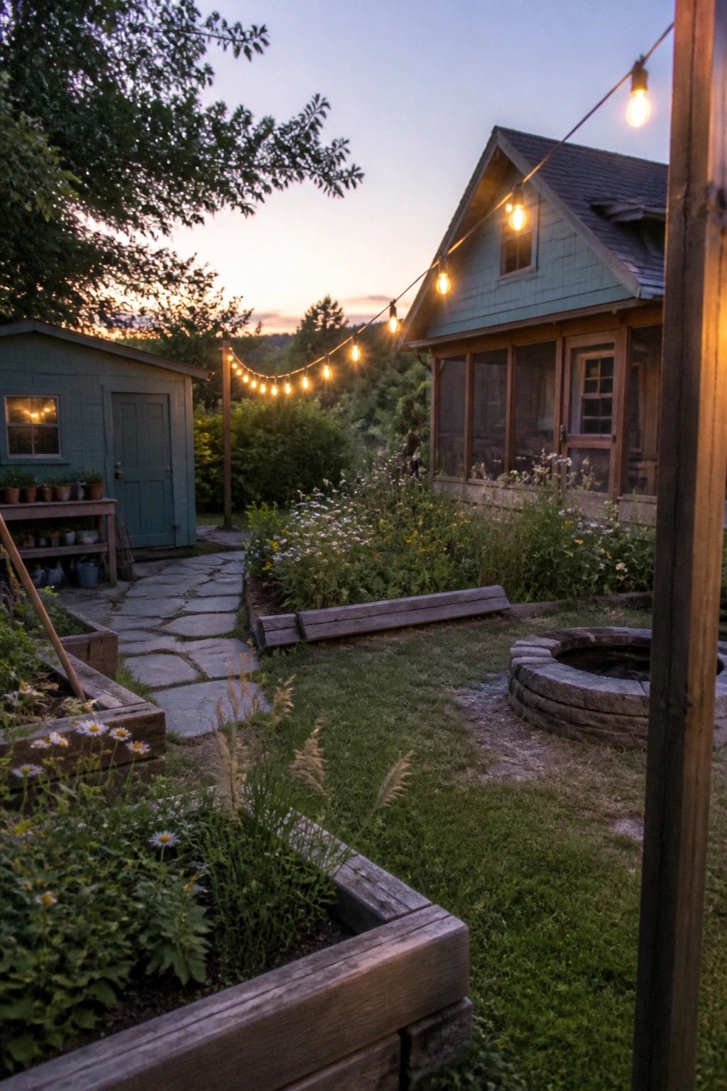 A teal cottage exterior viewed from a garden with a stone path, raised wooden beds filled with wildflowers, string lights overhead, and a stone fire pit in the foreground.