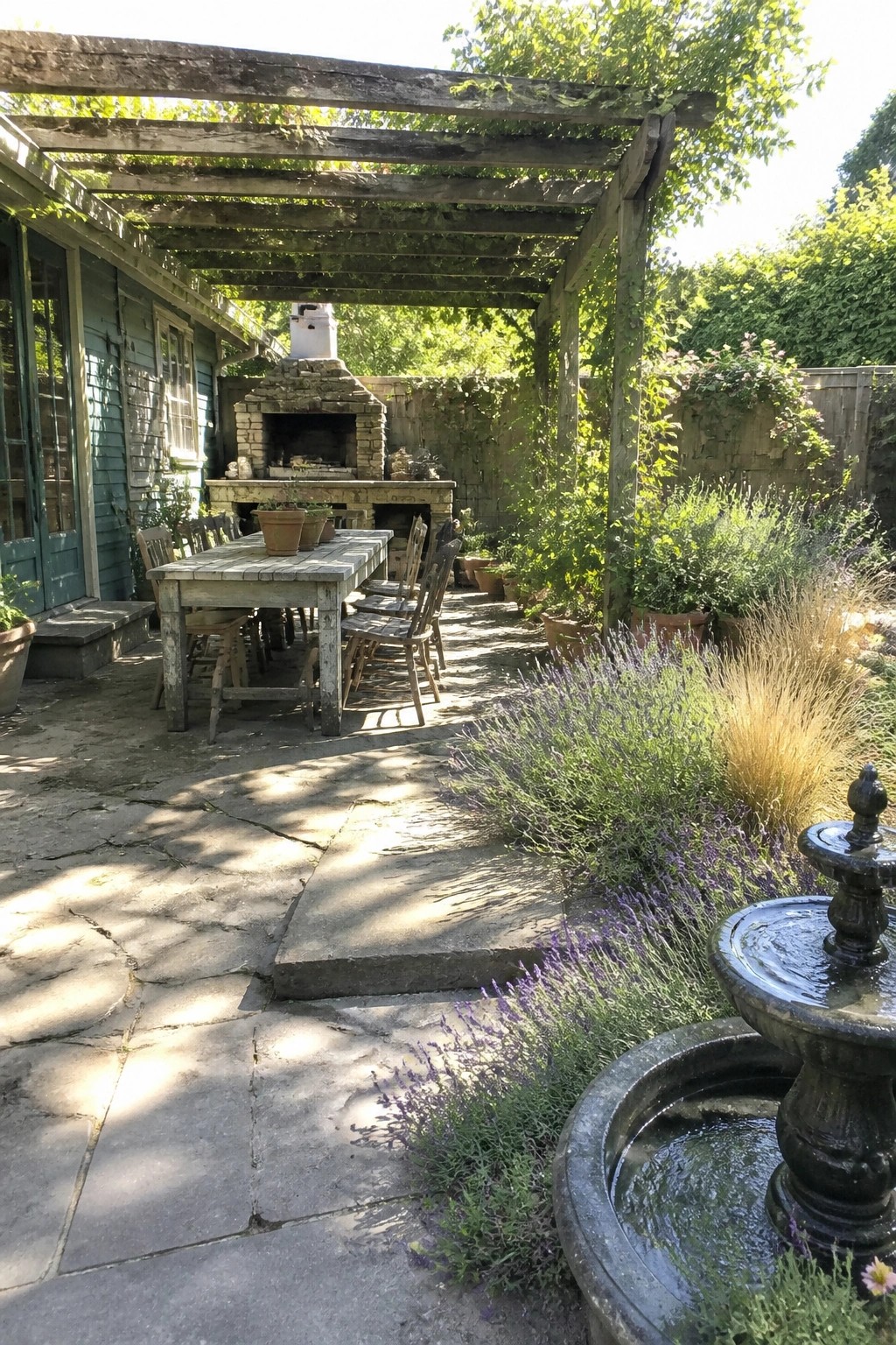A weathered wooden pergola covers a rustic dining table on a stone patio, with a built-in stone fireplace behind it and lavender plants plus a fountain in the foreground.