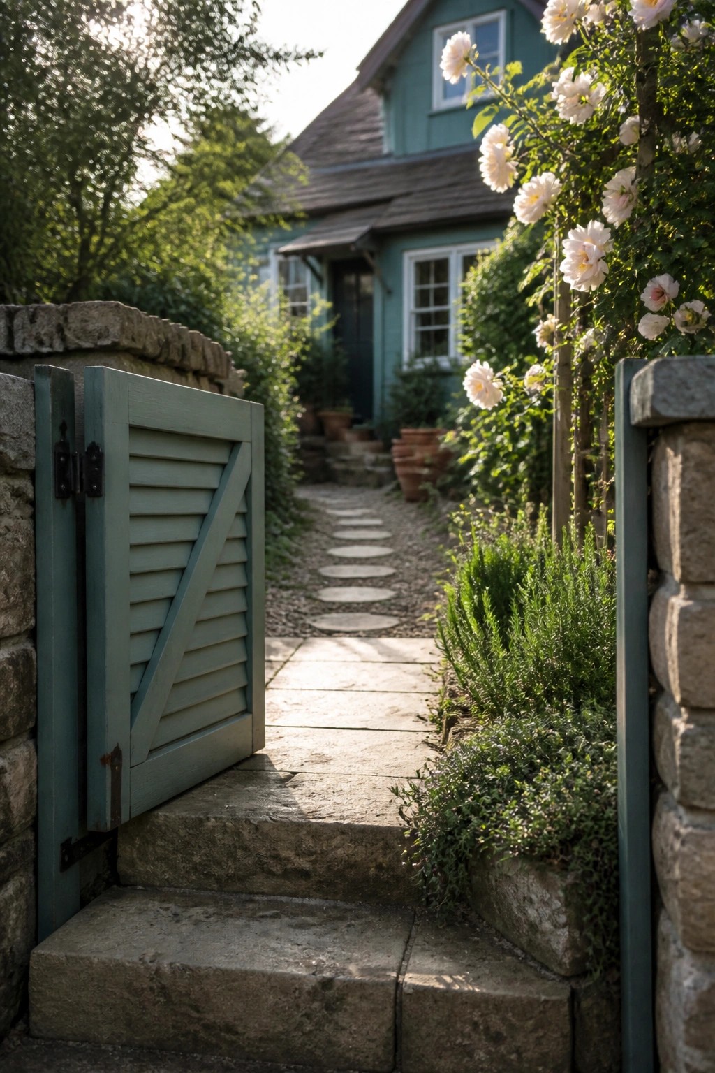 Open teal gate on stone steps beside white roses to cottage path