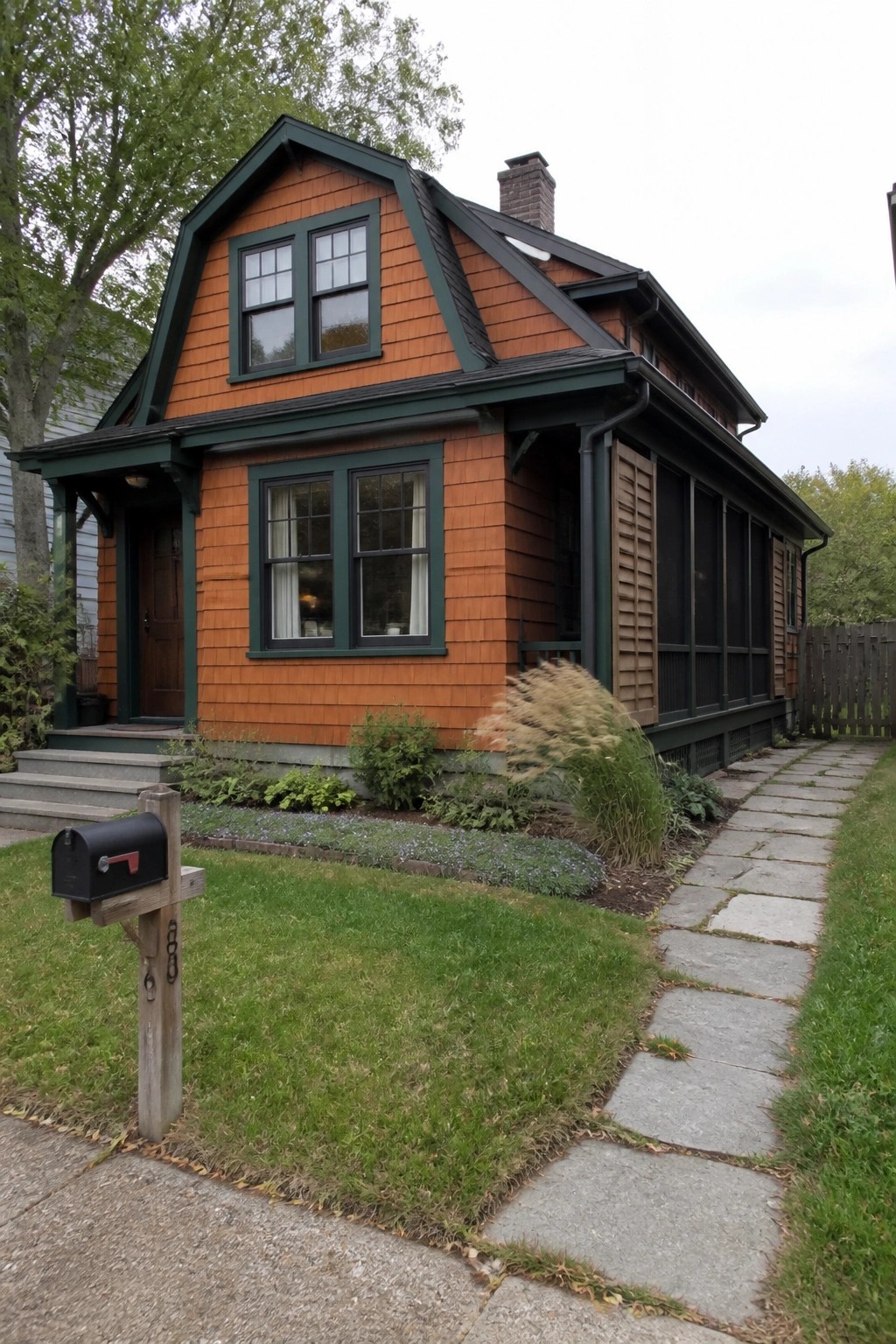 Orange shingled house with green trim, screened porch, stone path, and mailbox