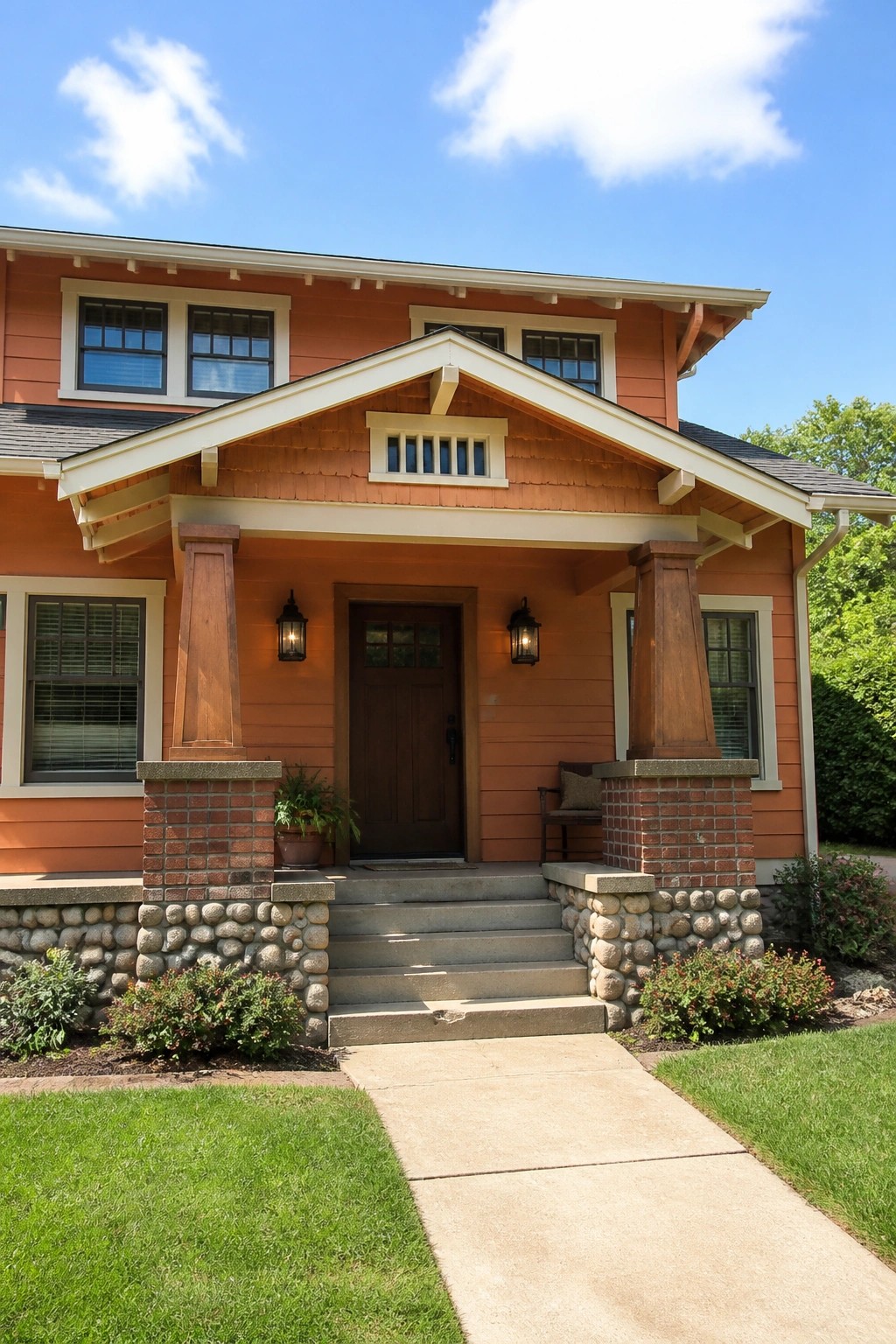 Orange two-story house with gabled porch, brick pillars, steps, and green lawn