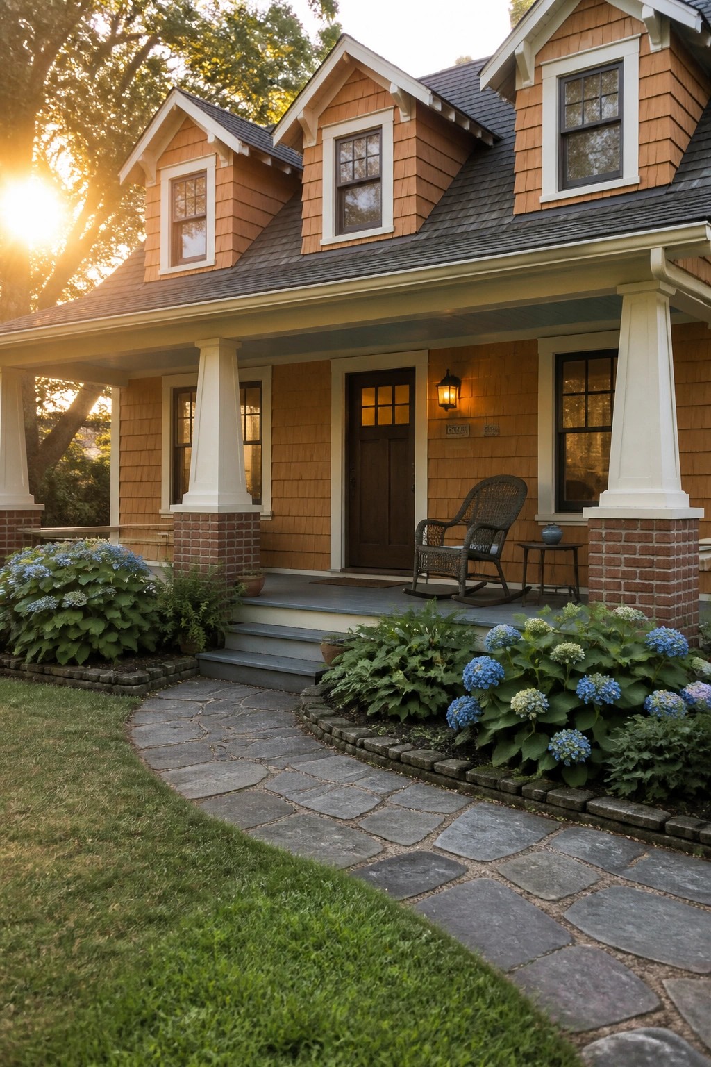 Charming shingled cottage with porch, rocking chair, blue hydrangeas, and stone pathway at sunset