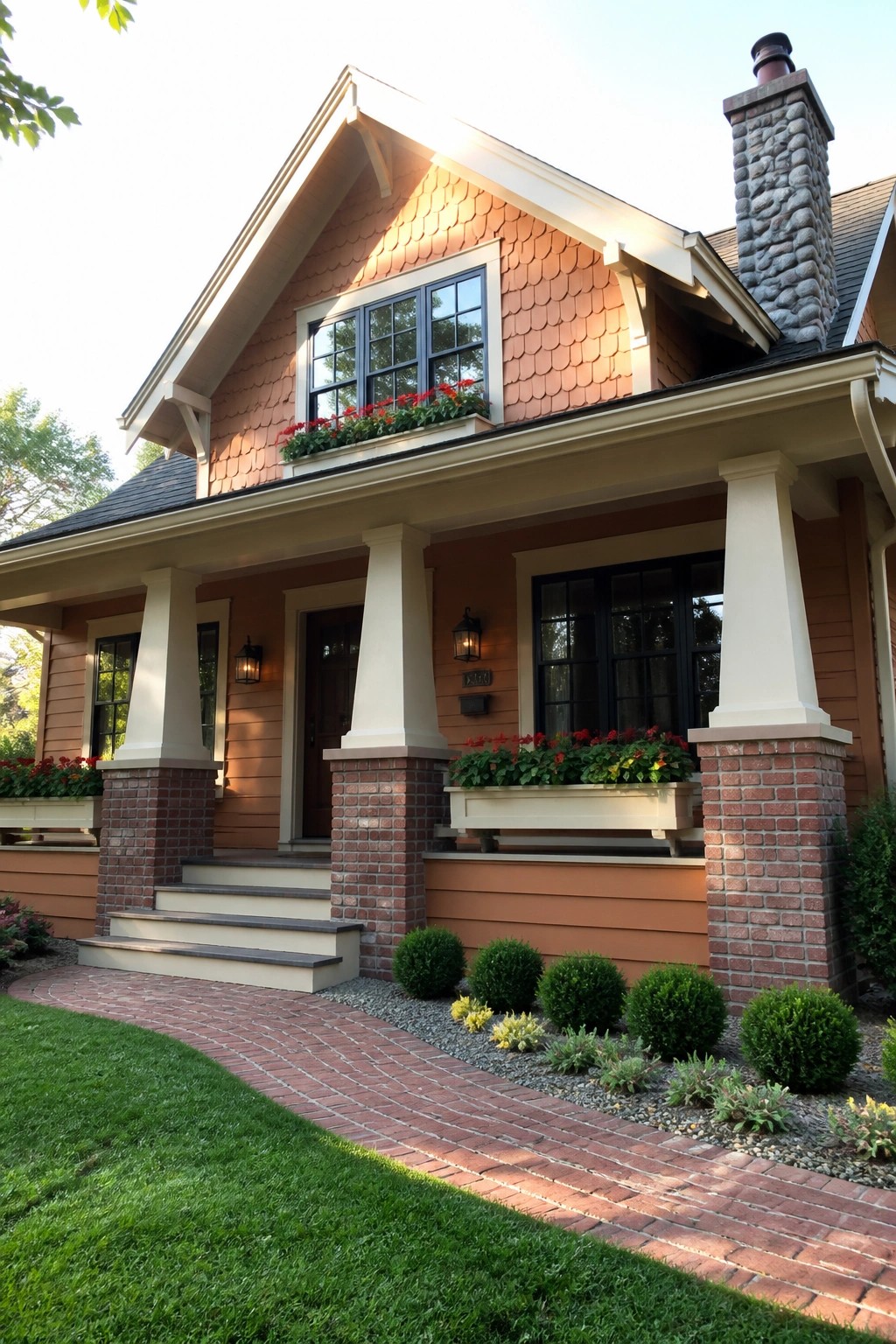 Front view of a Craftsman house with orange shingle siding, brick porch columns, white trim, and a stone chimney.