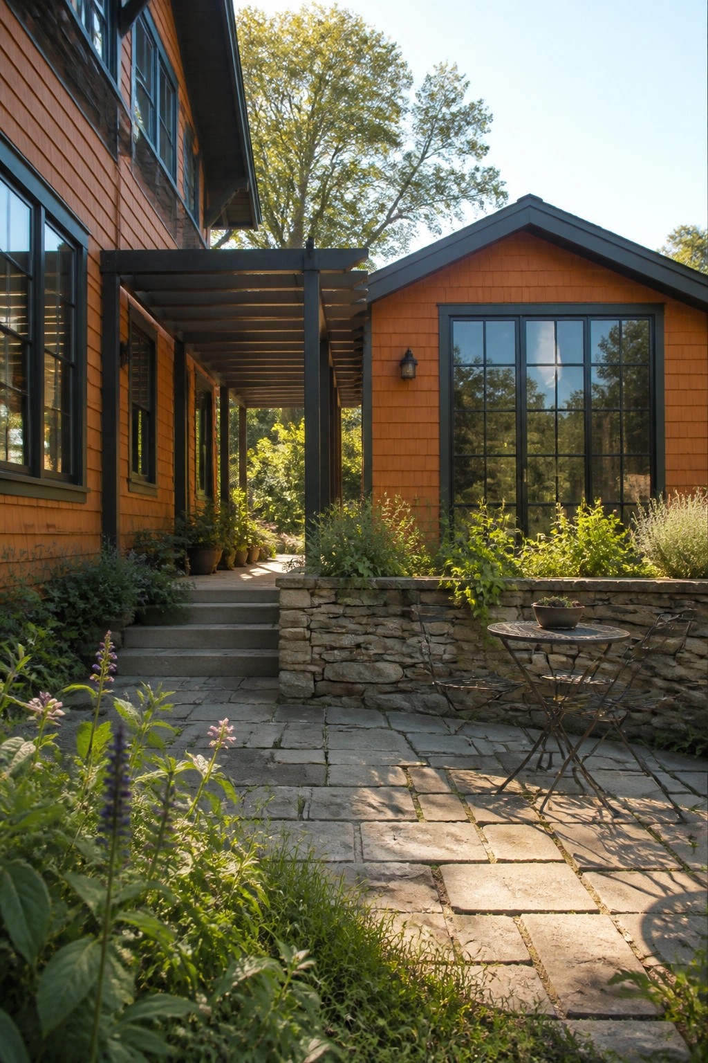 An orange shingle-sided Craftsman house with dark trim, a covered walkway, stone patio wall, and metal table and chairs on the pavers.