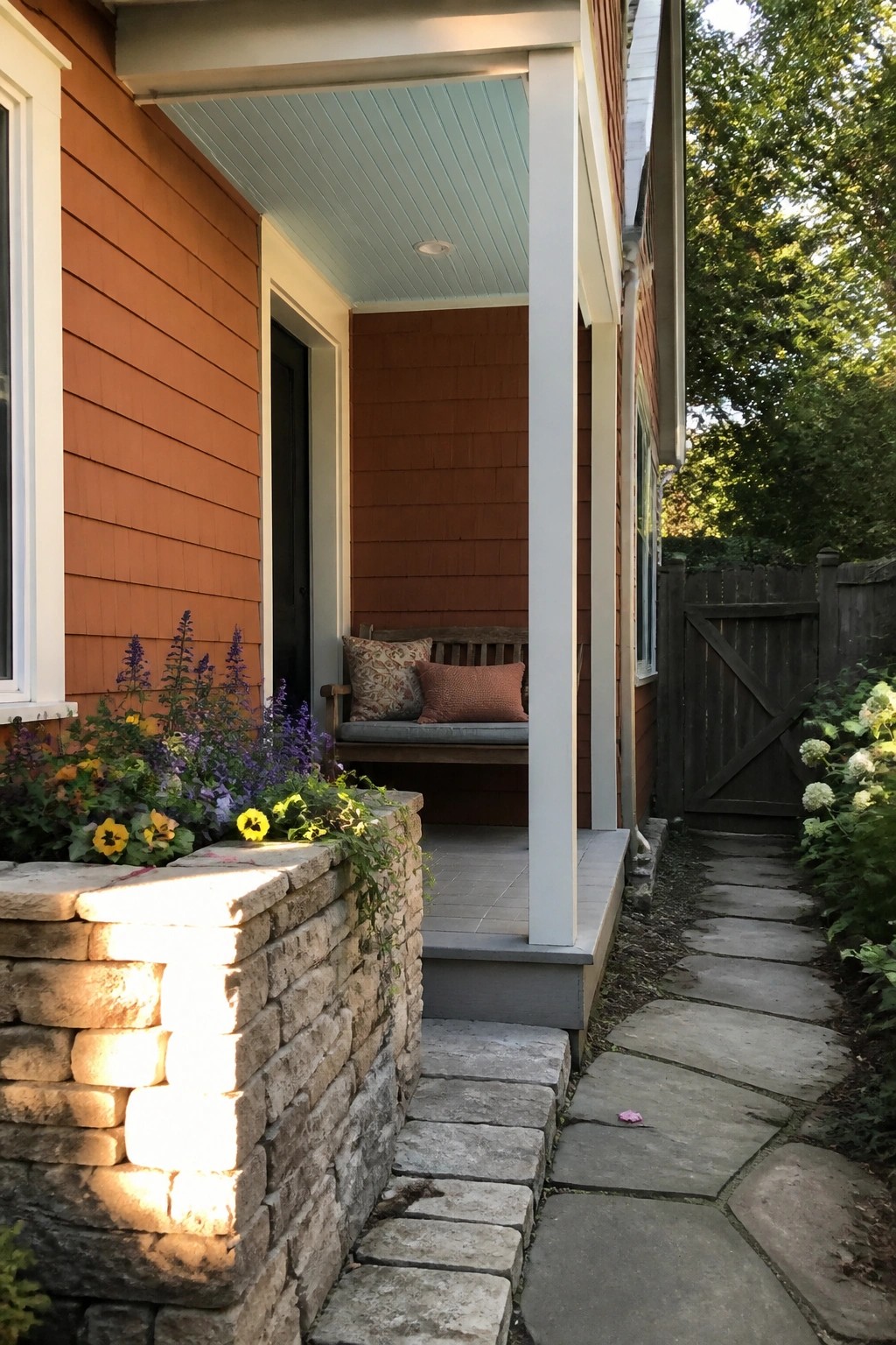 Front view of an orange shingled Craftsman house with white trim, a covered porch holding a wooden bench with cushions, and a low stone wall beside the entry steps.