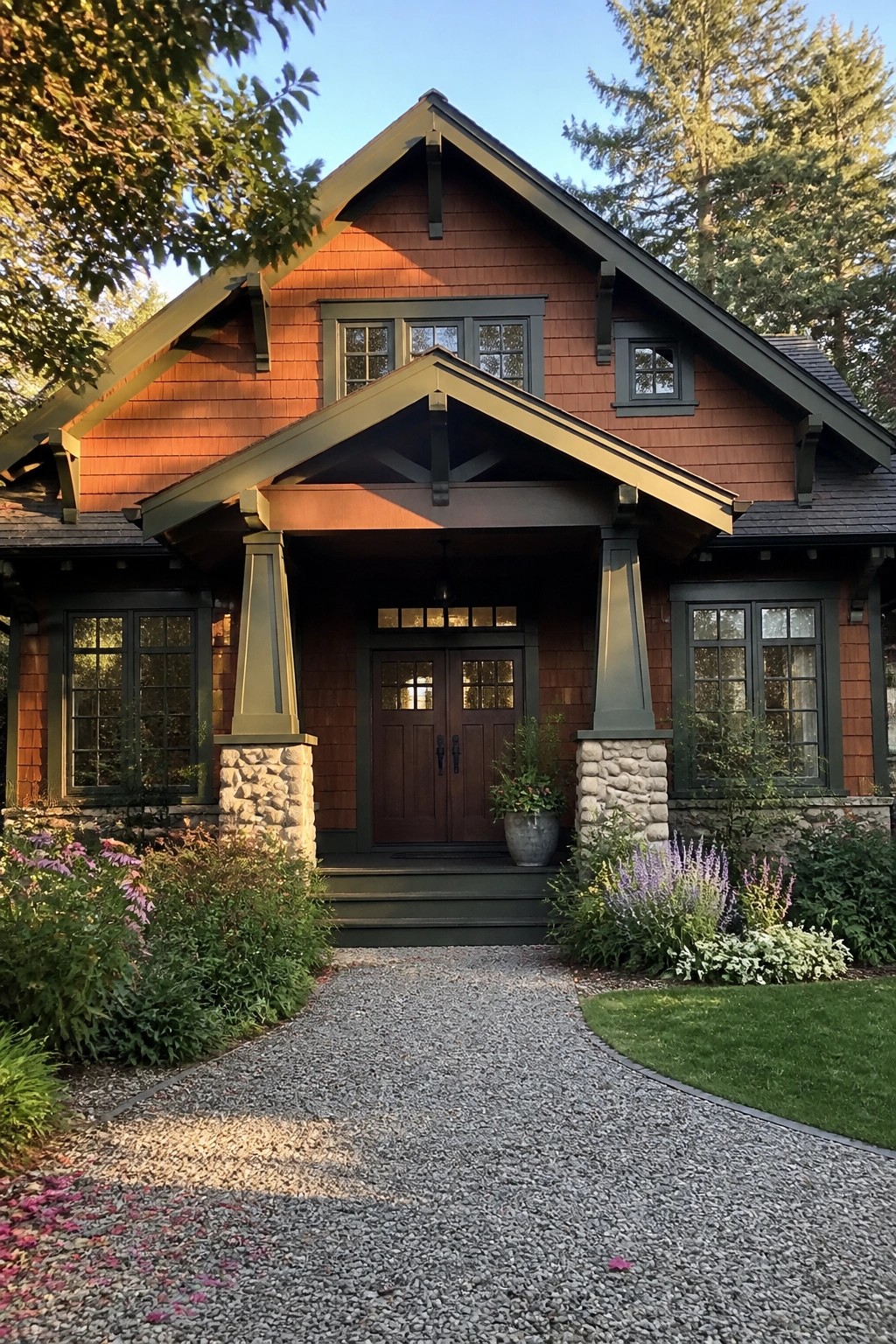 A two-story Craftsman house with orange shingle siding, dark green trim, a front porch with tapered columns on stone bases, and a gravel path leading to the entrance.