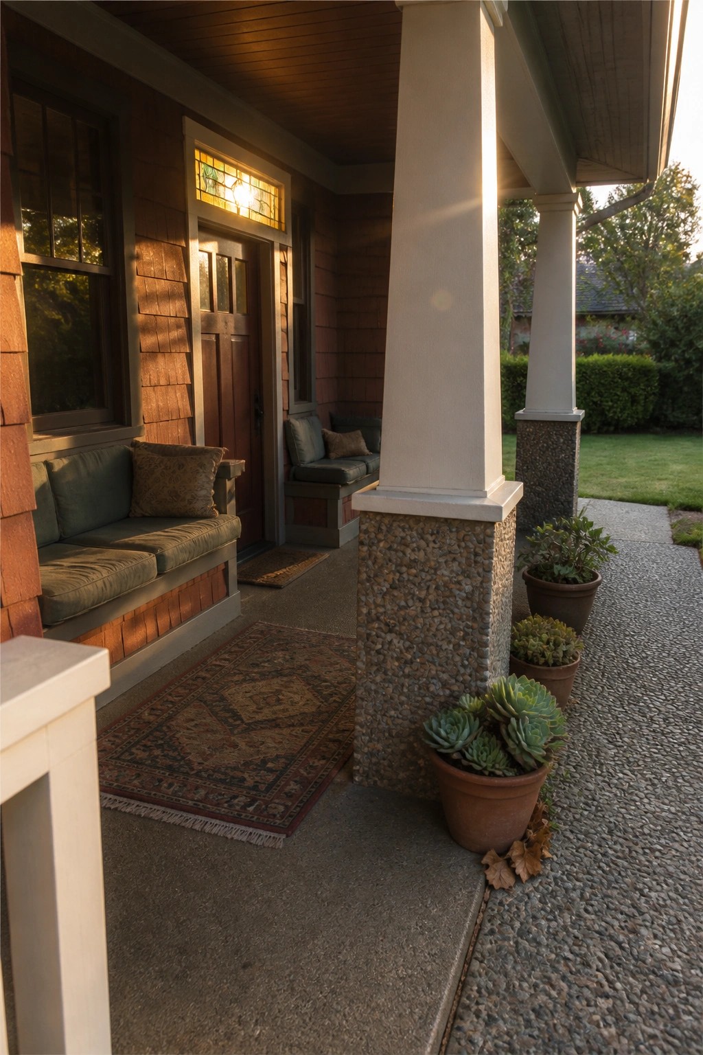 Sunlit wooden porch with cushioned benches, patterned rug, potted succulents, and white pillars.