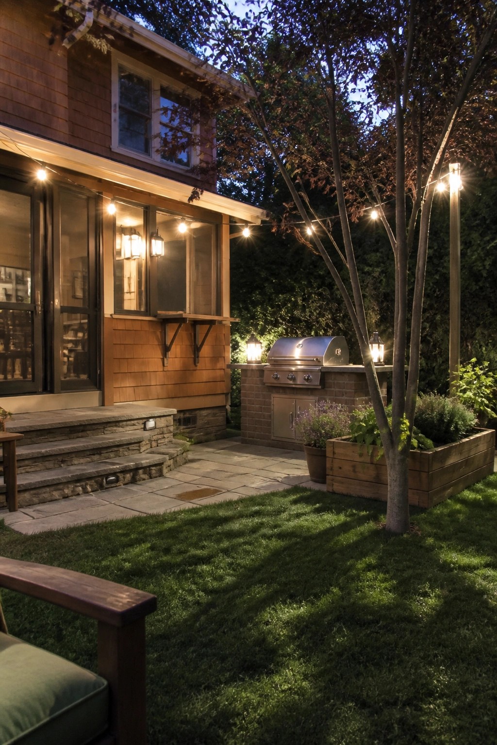 Backyard patio at dusk with string lights, a stainless steel grill on a brick base, wooden planter boxes, stone pavers, and a house with orange shingle siding.