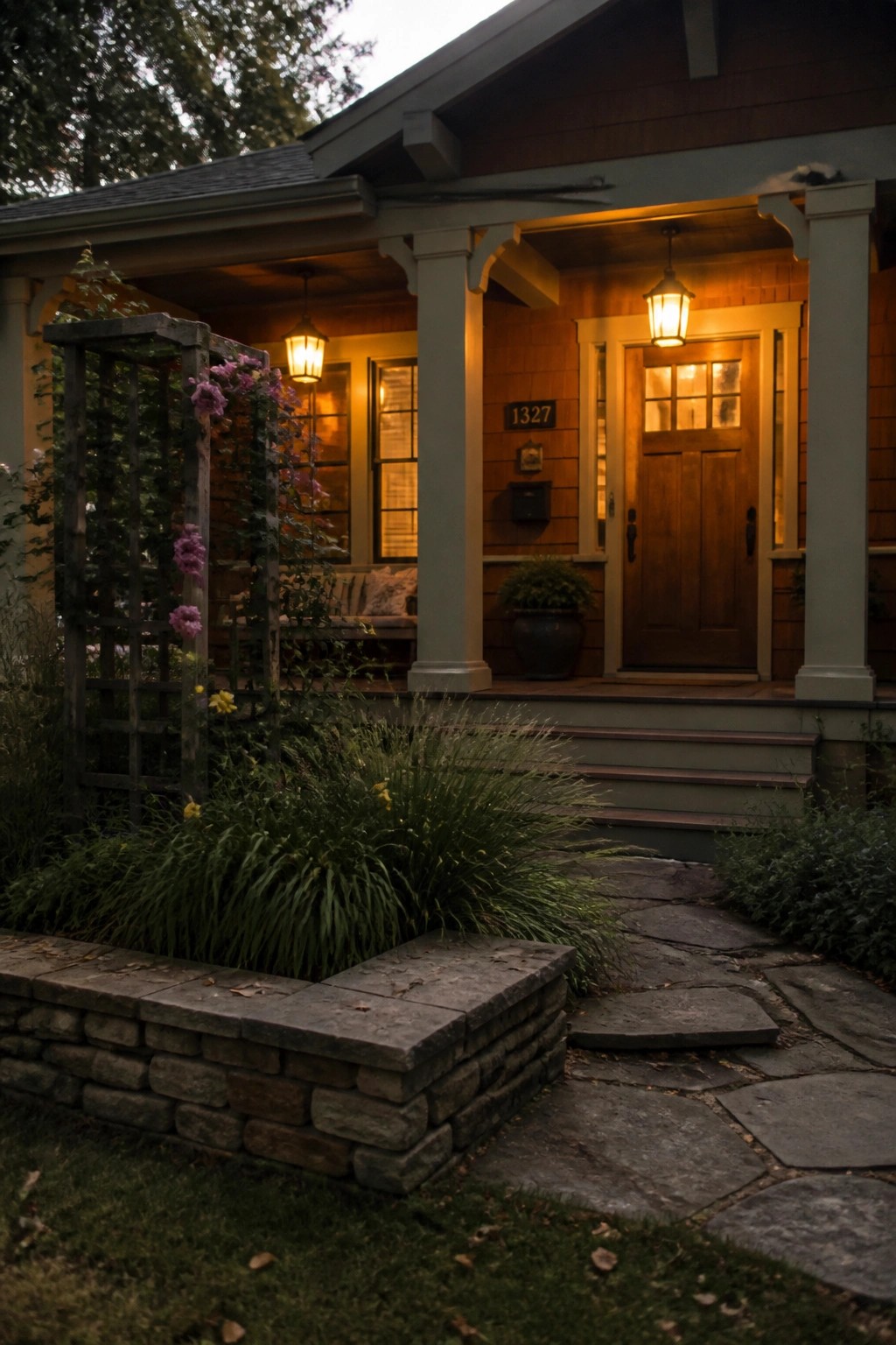 A Craftsman house with orange shingle siding, green trim, a wooden front door, and two hanging lanterns lighting the porch at dusk, with a stone path and raised garden bed in front.