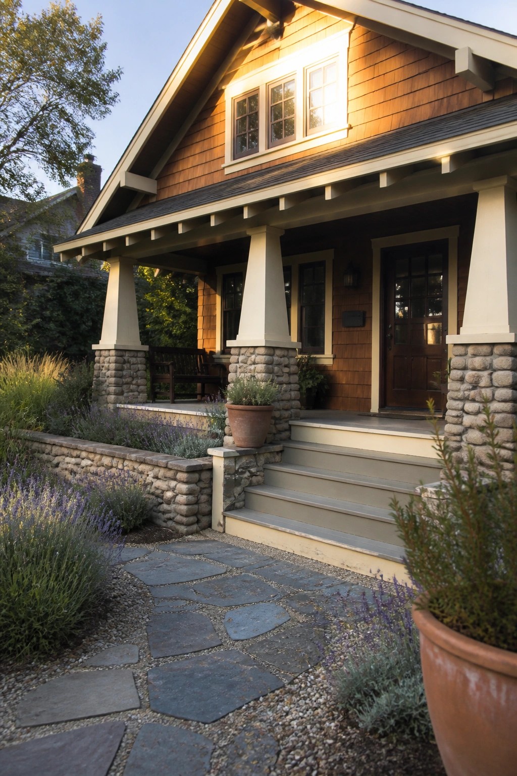 Craftsman house porch with stone pillars, wooden siding, steps, and flagstone path at sunset