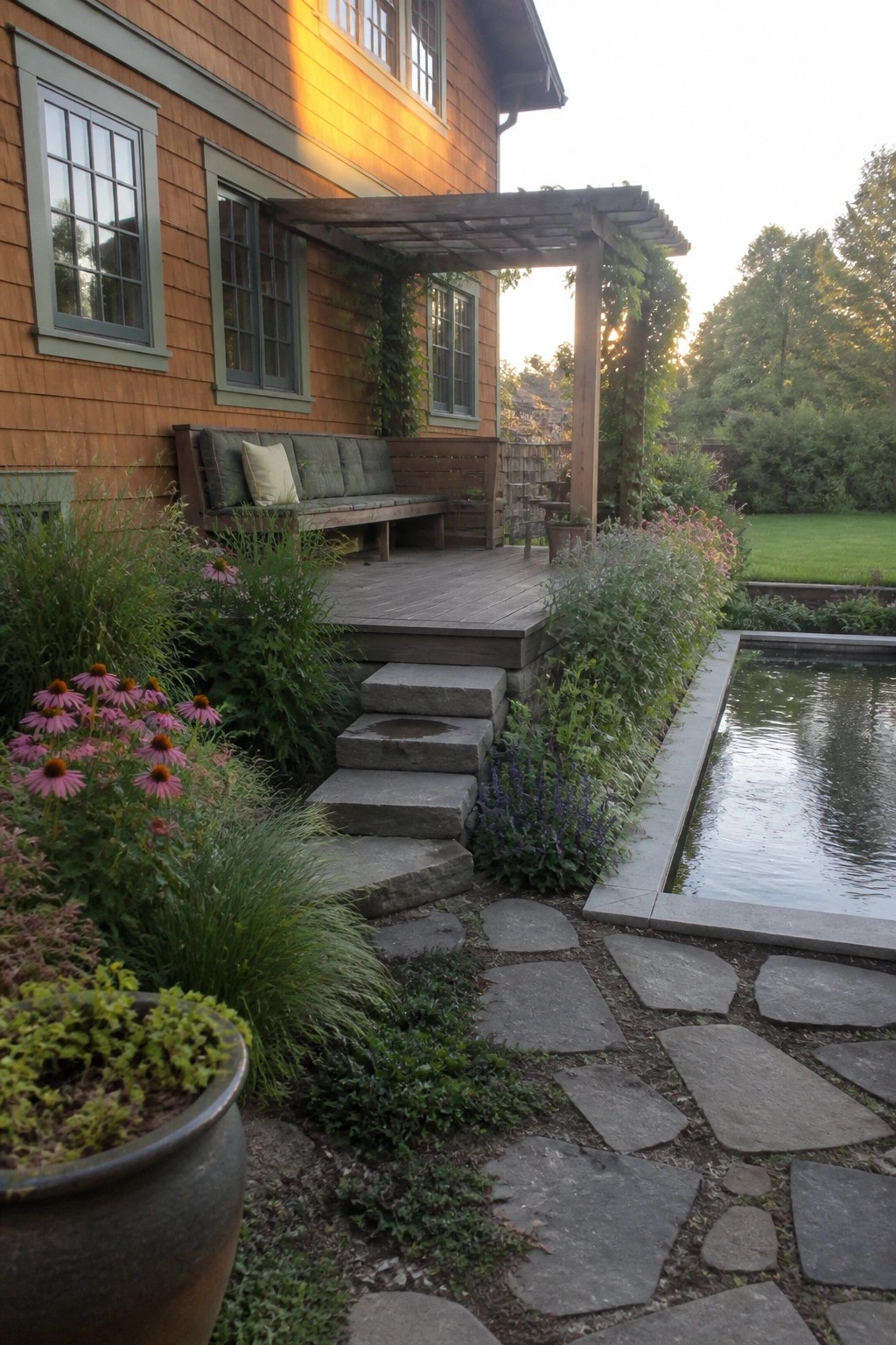 A Craftsman house with orange shingle siding, green trim, and a wooden deck with bench and pergola, plus stone steps leading to a stone path and rectangular pool.