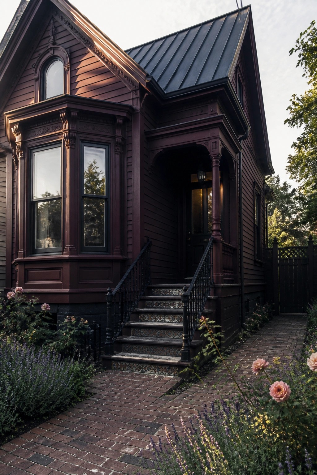 A dark maroon house with a charcoal metal roof, a covered porch, tiled steps, and a brick pathway in front.