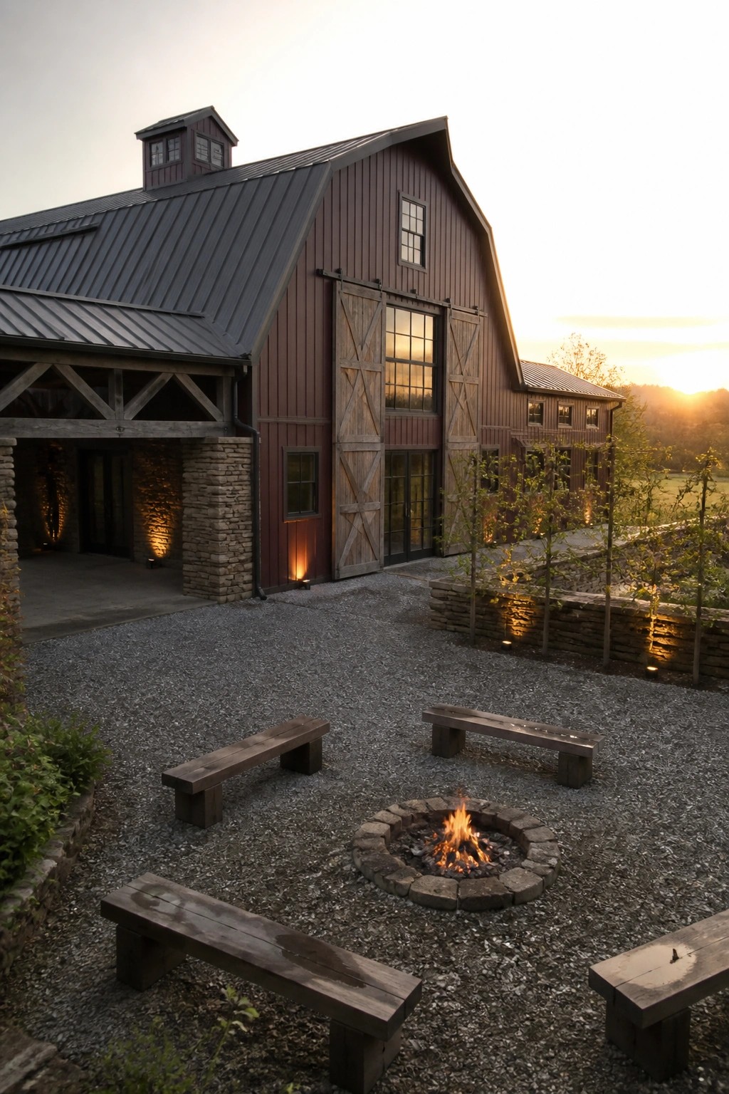A dark maroon barn-style house with charcoal metal roofing, stone foundation accents, and a gravel courtyard containing a stone fire pit and wooden benches.