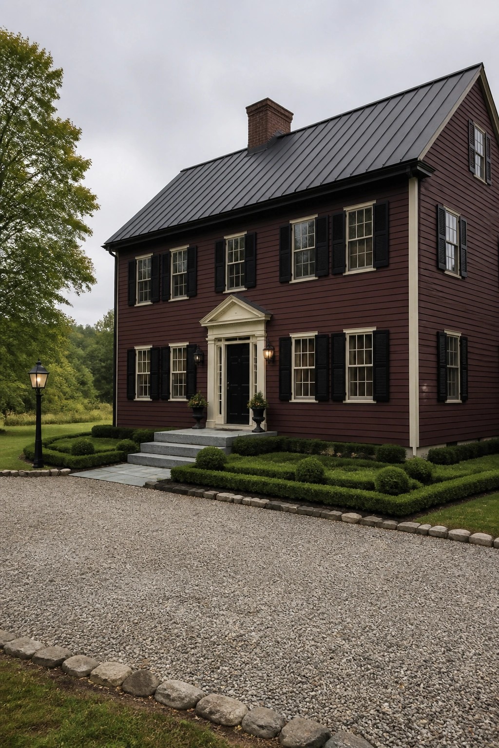 A two-story house with dark maroon siding, black shutters, a charcoal metal roof, a central entry with white trim, and a gravel driveway bordered by low hedges.