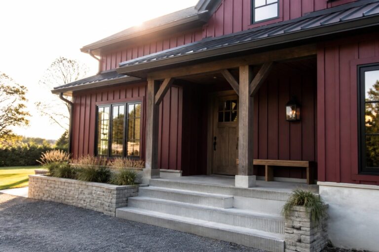 Dark maroon house exterior with charcoal metal roof, wooden porch beams, and a wooden front door.