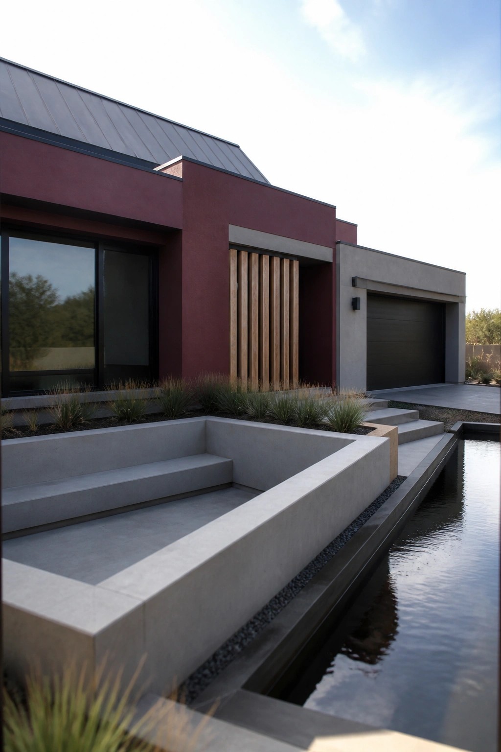 Modern red house with wooden slats, concrete steps, water channel, and desert plants.