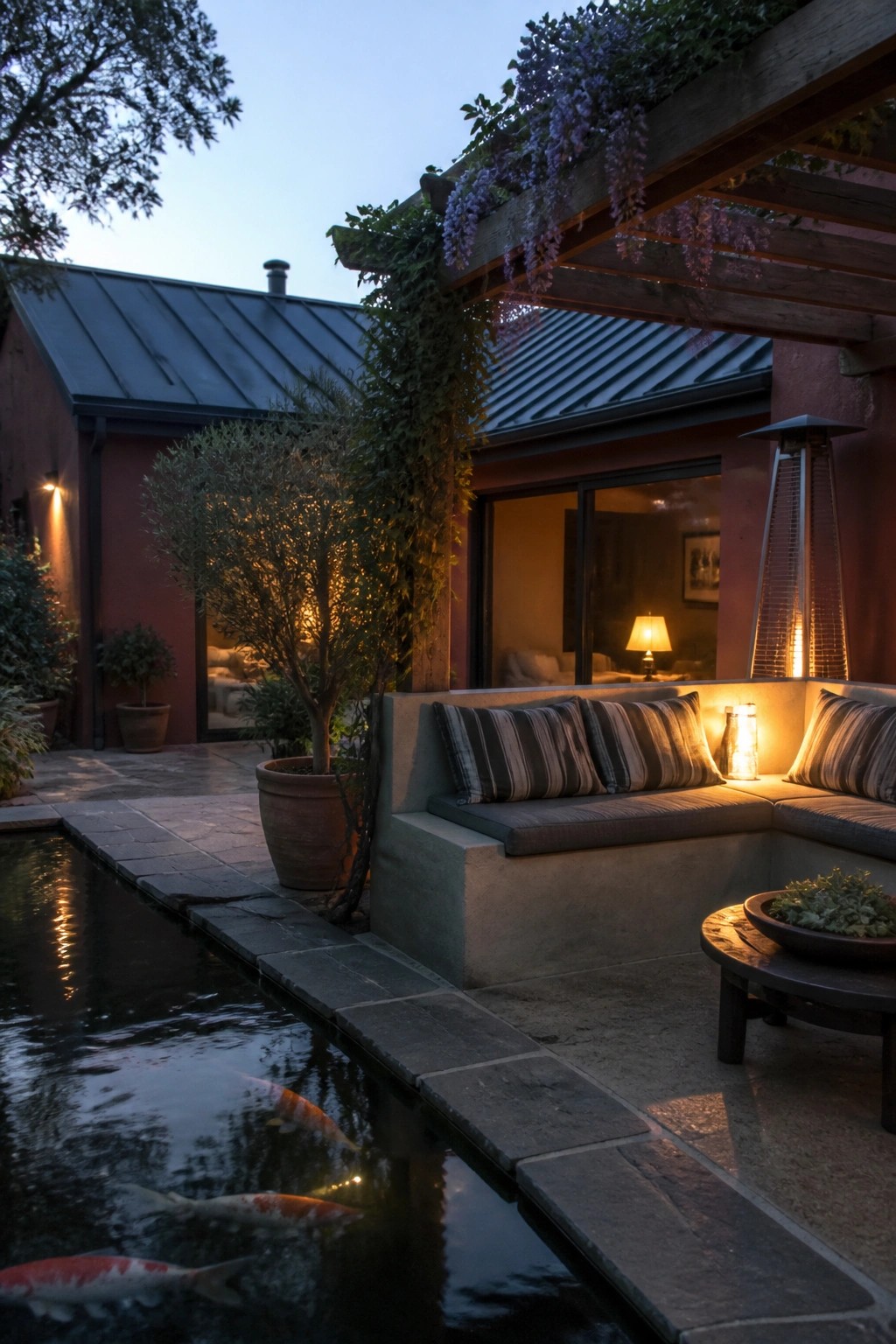 Koi pond by cushioned patio bench under wisteria pergola with lit heater at dusk.