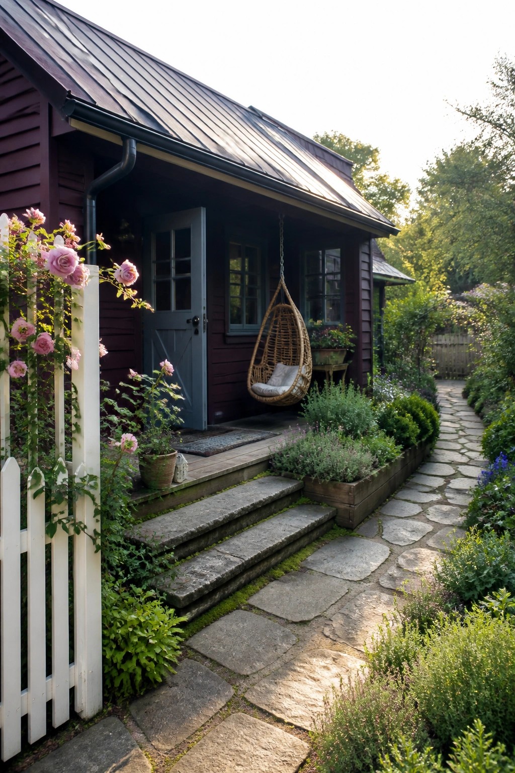 Dark purple cottage with hanging wicker chair, stone path, and rose garden.