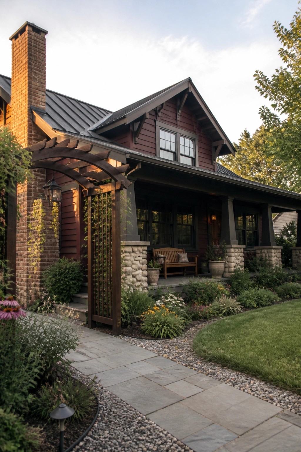 Red house with brick chimney, wooden pergola, stone path, and blooming garden.