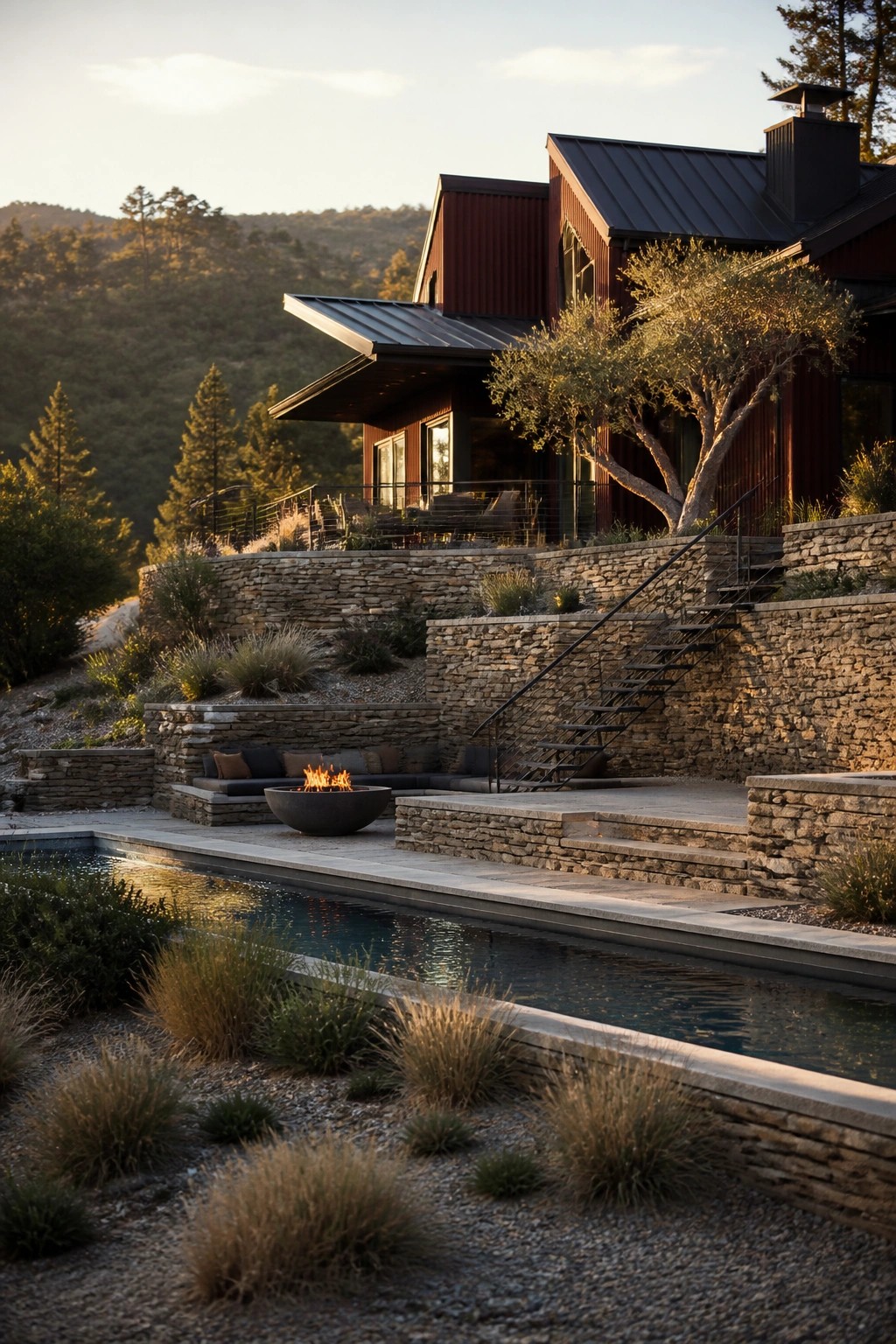 A two-story house with dark maroon siding and charcoal metal roofing sits on terraced stone walls above a long pool and outdoor fire pit area.