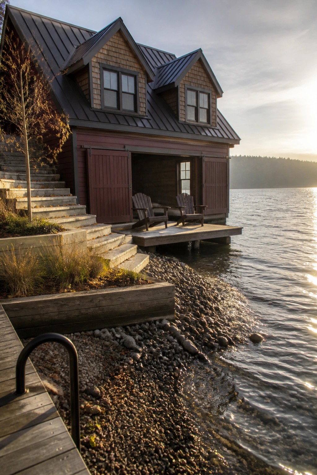 A lakeside house with dark maroon siding, a charcoal metal roof, and two Adirondack chairs on a small wooden dock.