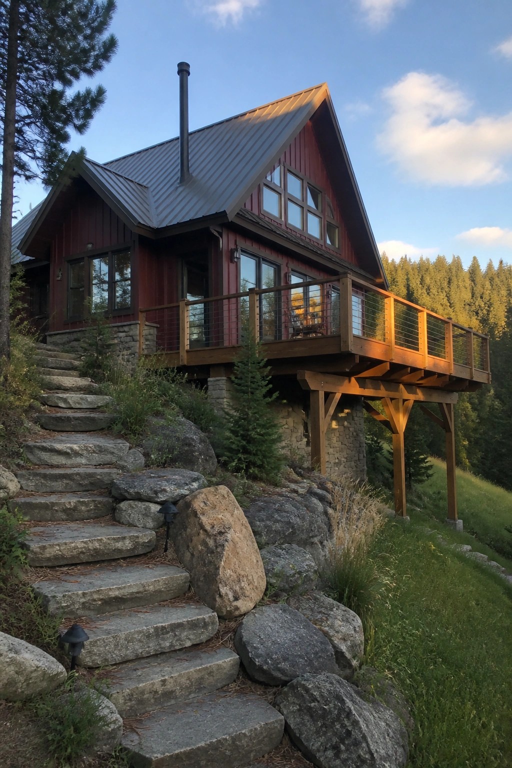 A dark red wooden house with a charcoal metal roof is elevated on wooden supports above a rocky hillside, with stone steps leading to a wooden deck.