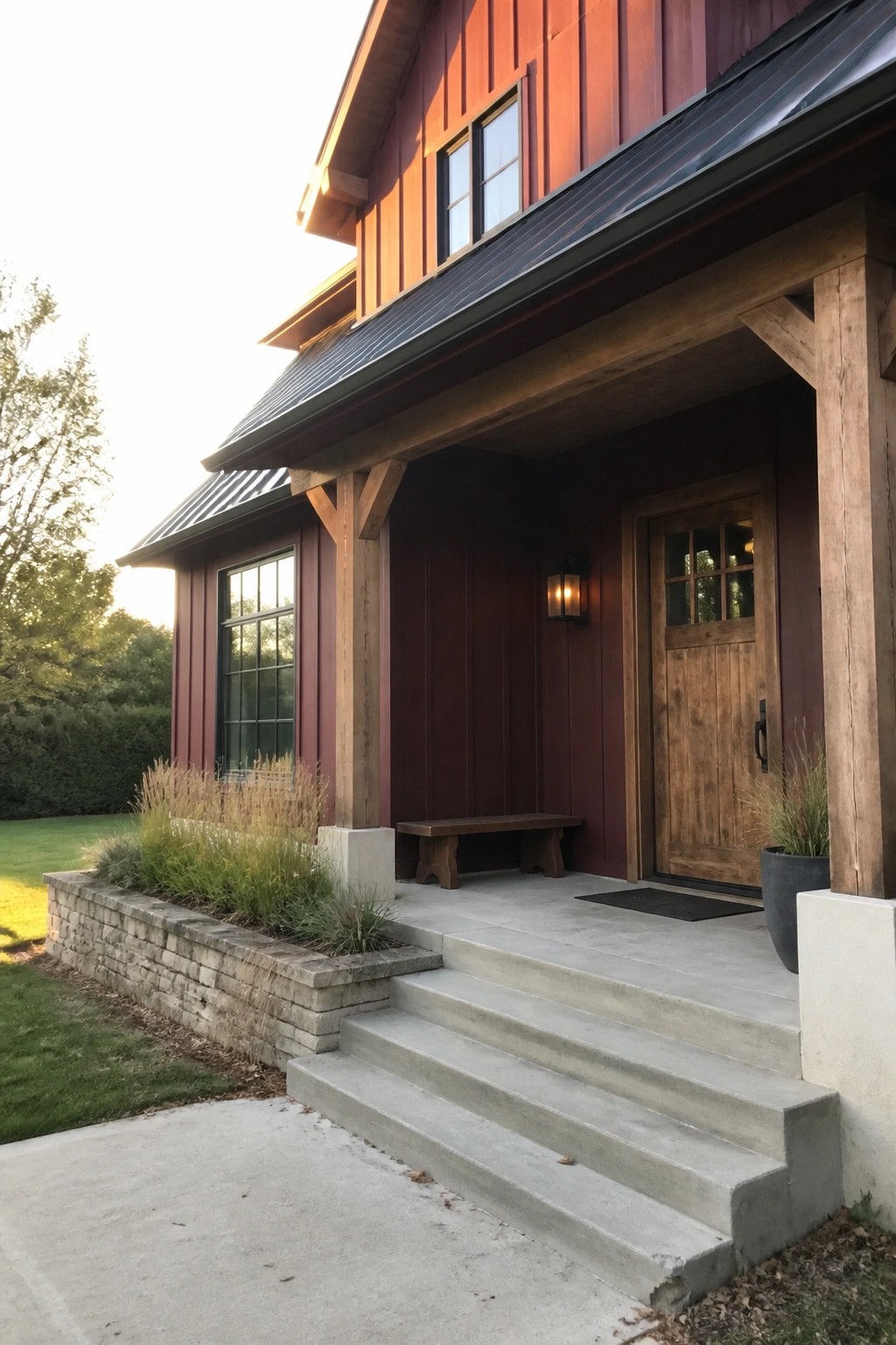 Dark maroon house exterior with charcoal metal roof, wooden porch beams, and a wooden front door.