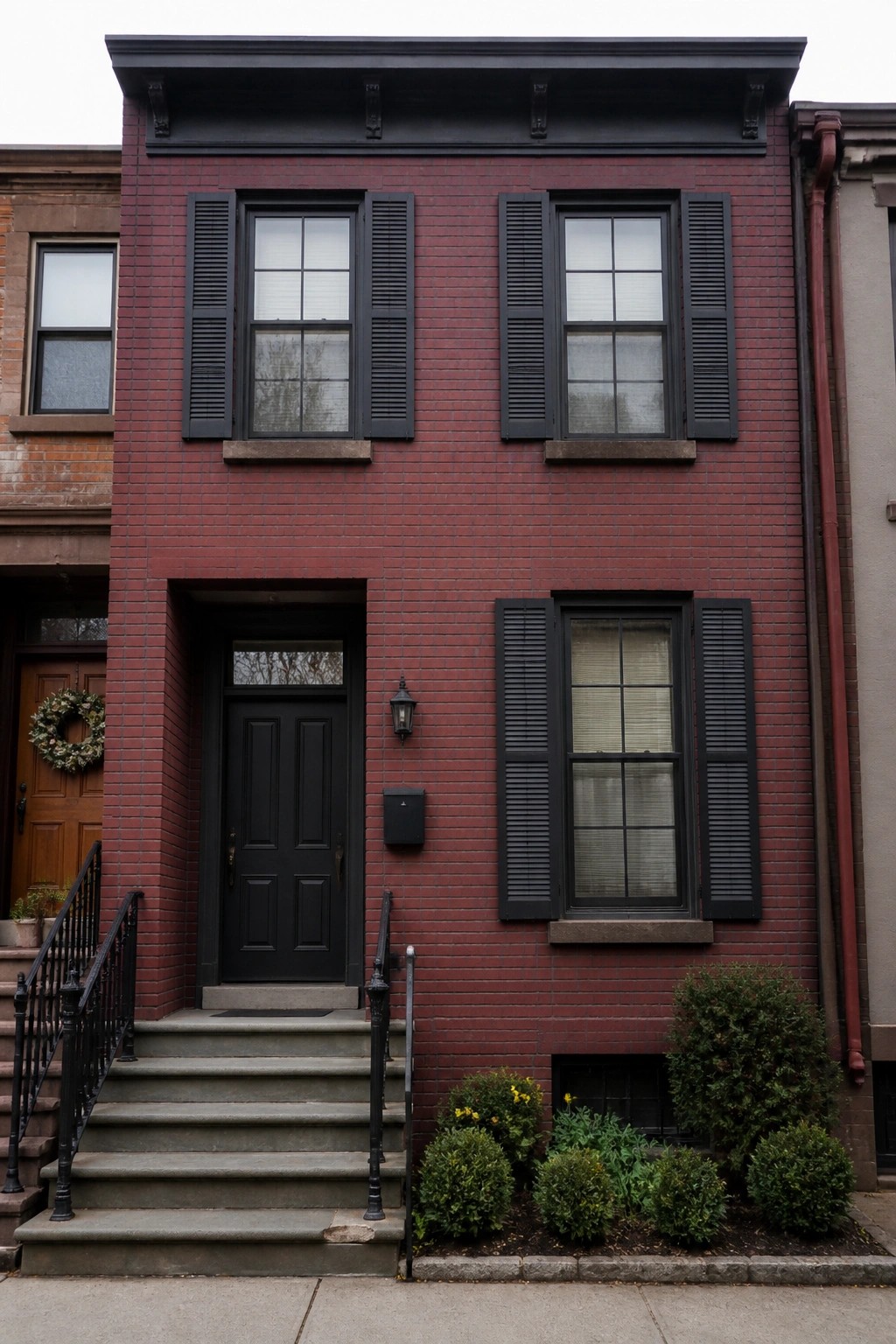 Front view of a narrow red brick row house with black shutters on all windows and a black front door.