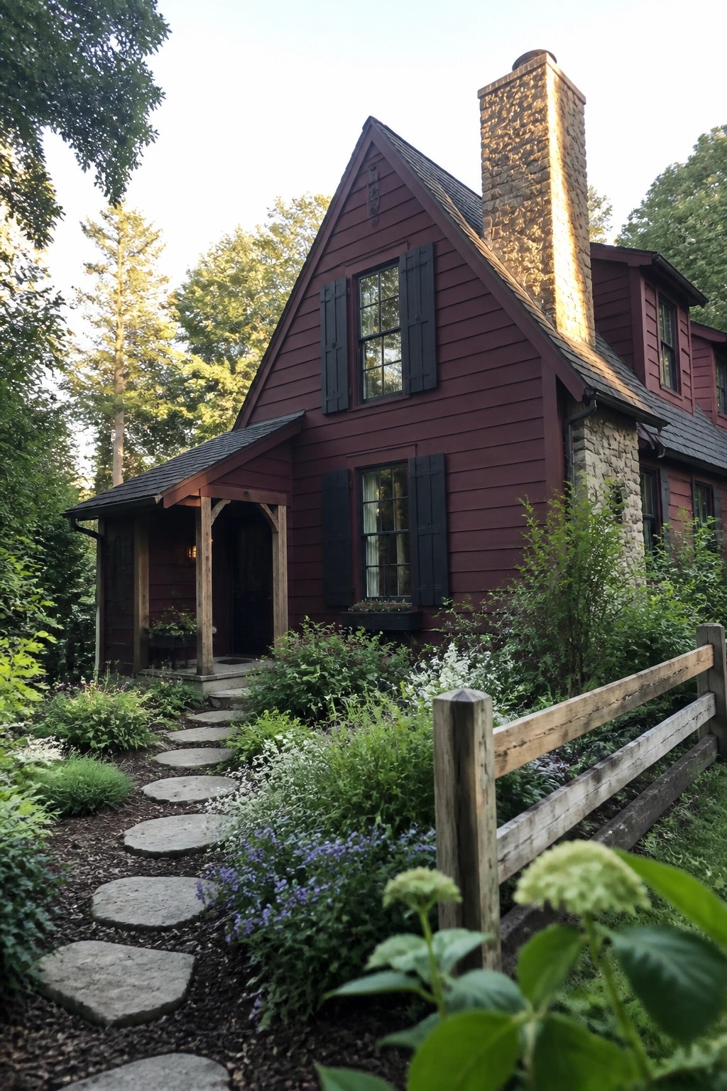 A deep burgundy house exterior with black shutters, a stone chimney, wooden fence, and a stone path through garden beds.