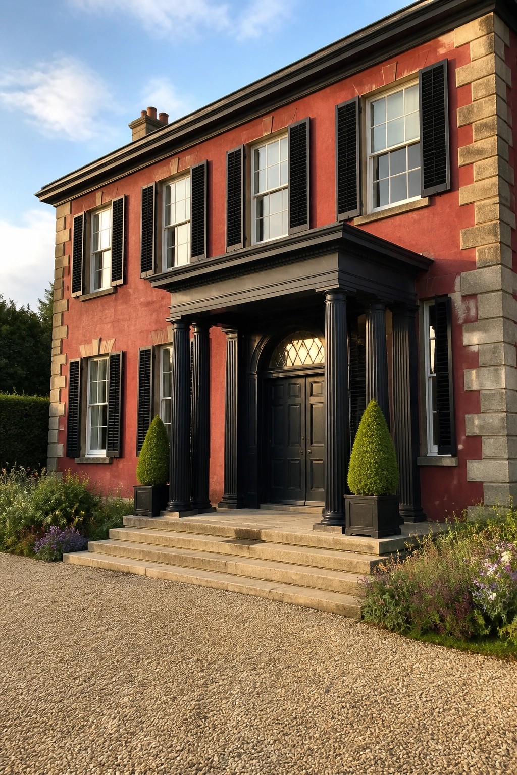 Red two-story house with black columns, portico, shutters, and stone steps to doors