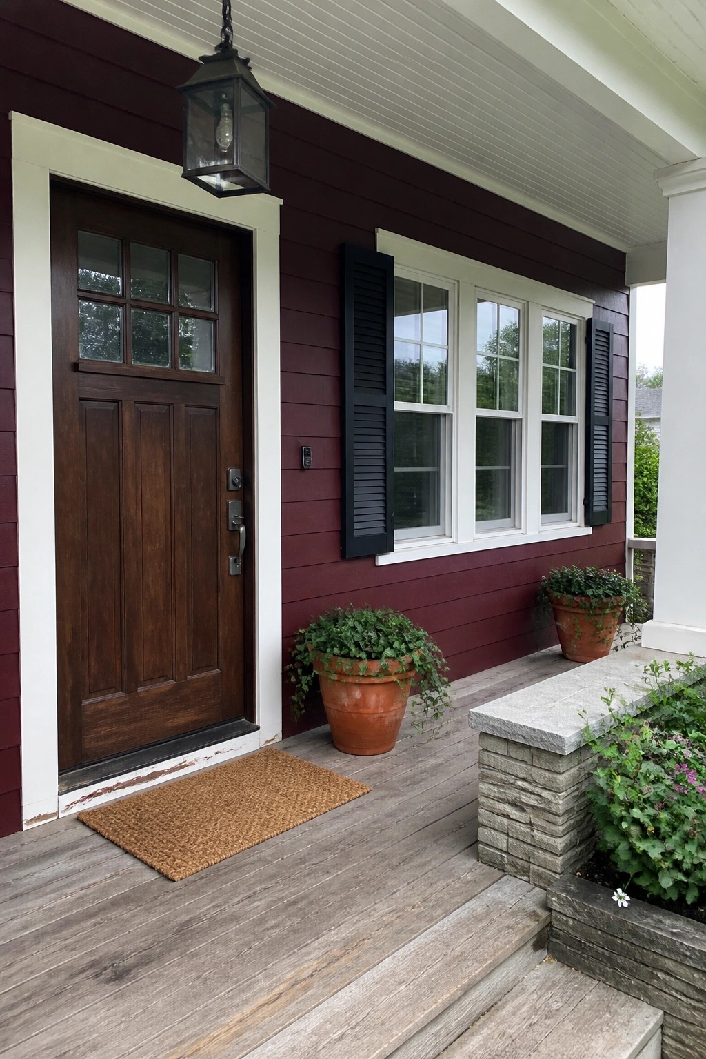 A house exterior with deep burgundy siding, black shutters on a multi-pane window, a dark wood front door with white trim, and potted plants on the porch.