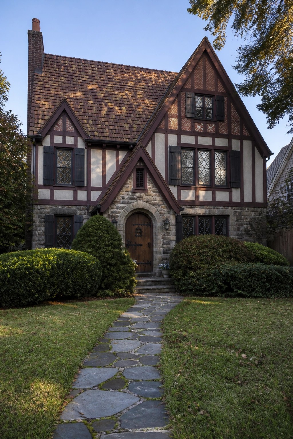 A two-story Tudor-style house with deep burgundy trim, black shutters, stone lower walls, and a stone path leading to a wooden front door.