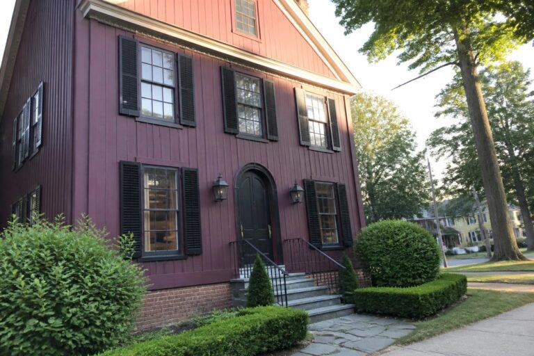 A two-story house with deep burgundy siding, black shutters on multiple windows, a black front door under an arched transom, and stone steps with black railings.