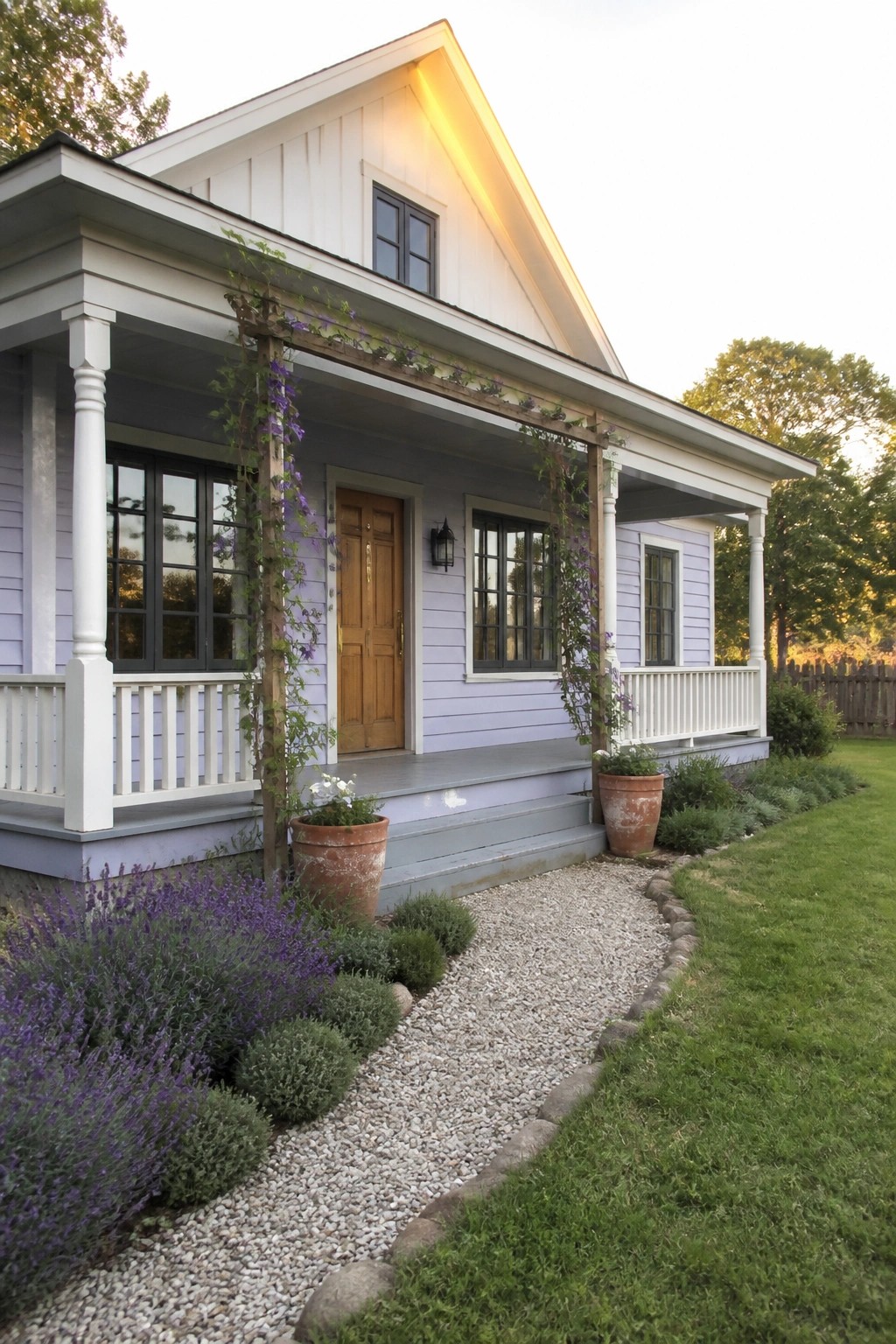 A light purple house with white trim, a wooden front door, black-framed windows, and climbing vines on the porch structure.
