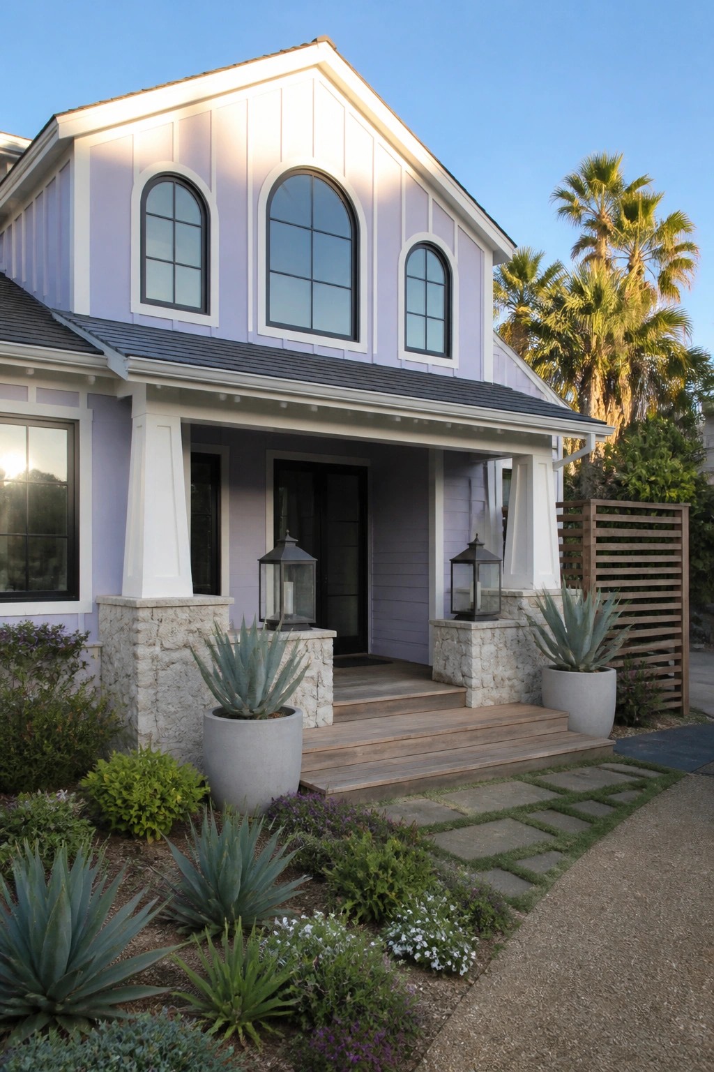 A two-story house with light purple board-and-batten siding, white trim, arched windows, and a front porch supported by stone pillars.