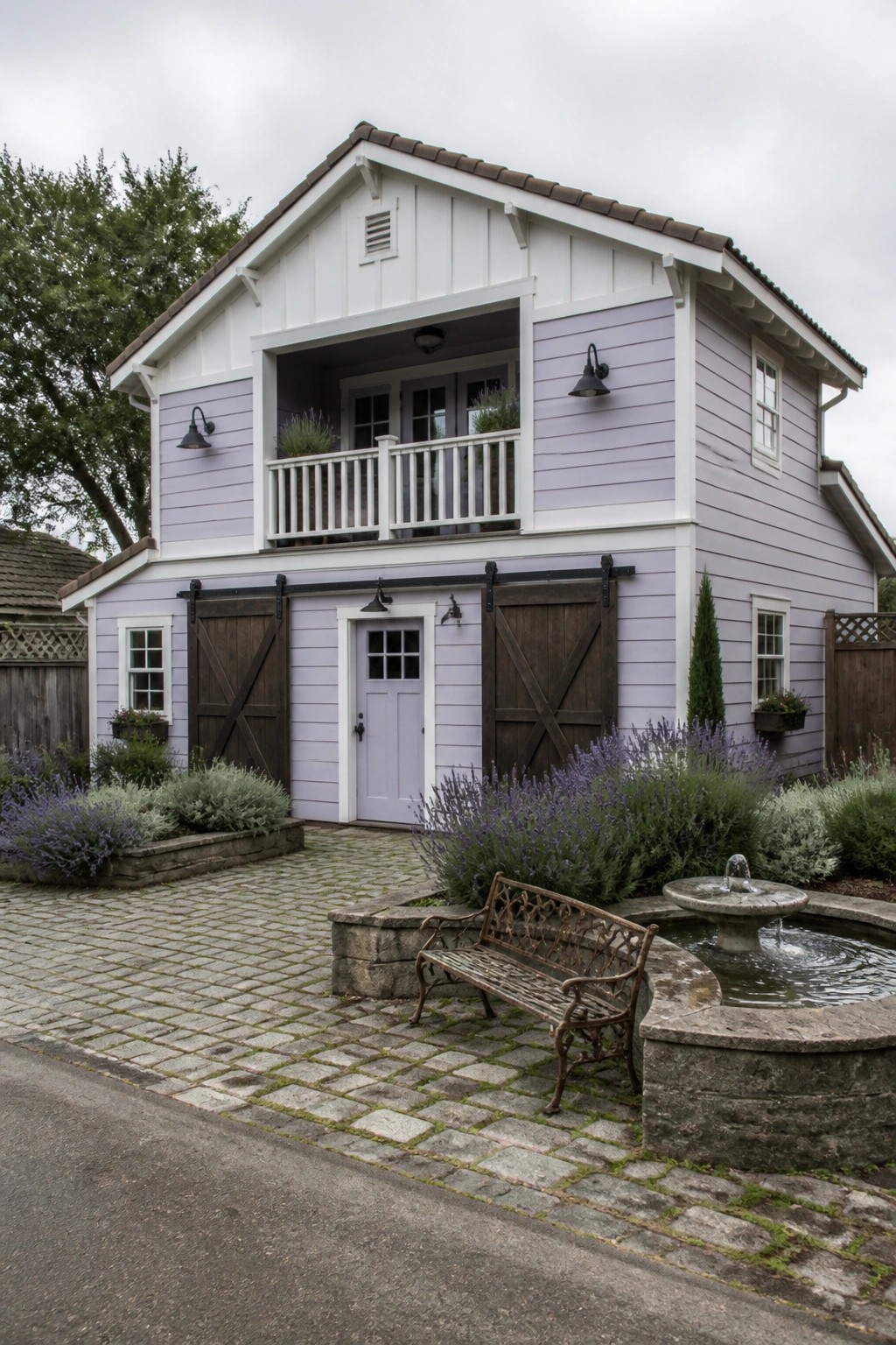 A two-story house with light purple horizontal siding, white board-and-batten trim, a second-floor balcony, and dark wooden sliding barn doors.