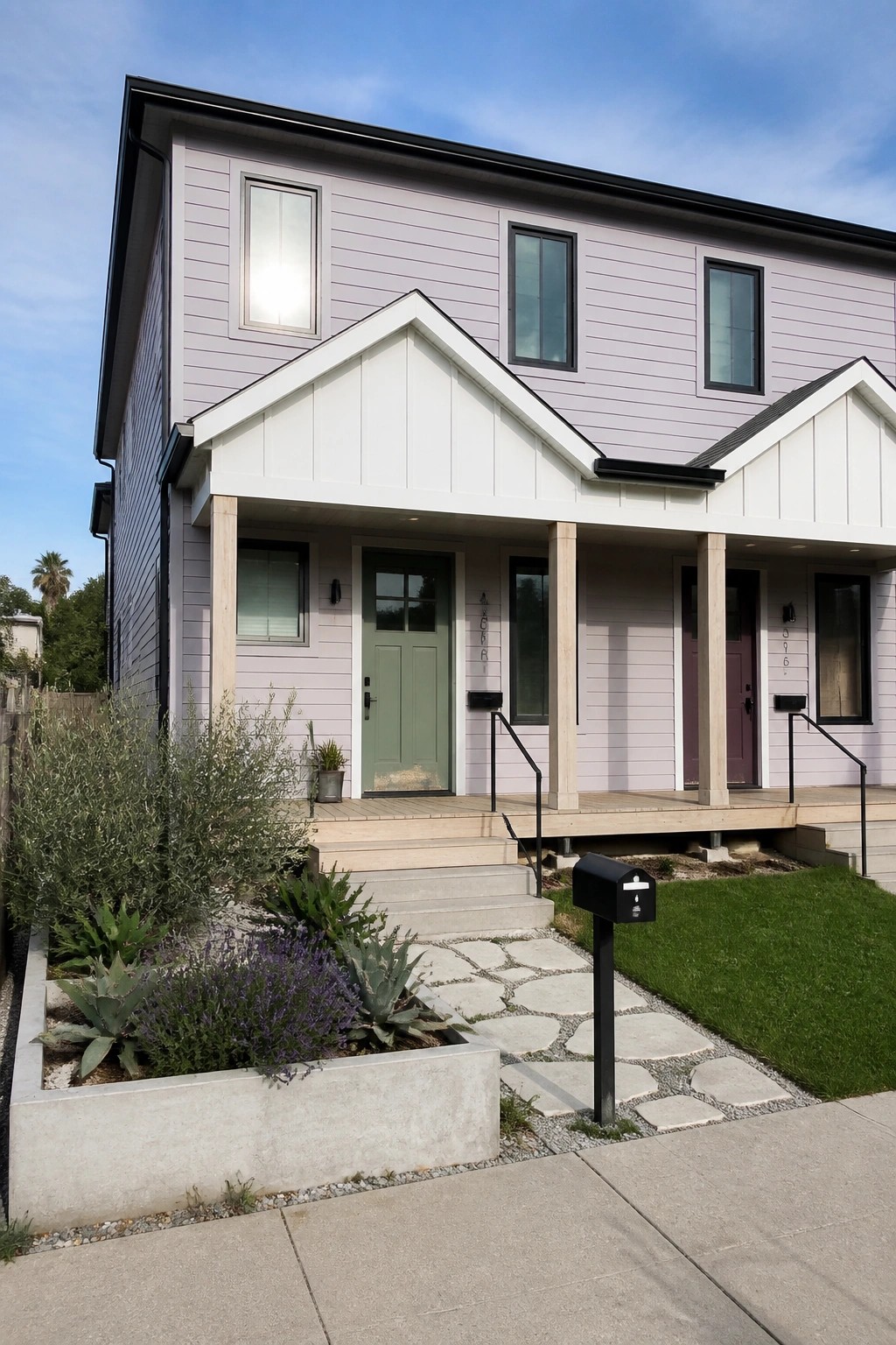 Modern lavender duplex with green and maroon doors, porch, and succulent garden.