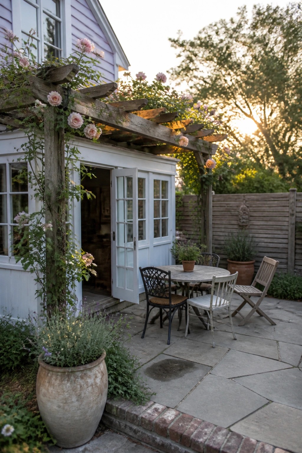 Light purple house with white trim and doors, rose-covered wooden pergola, and stone patio seating area.