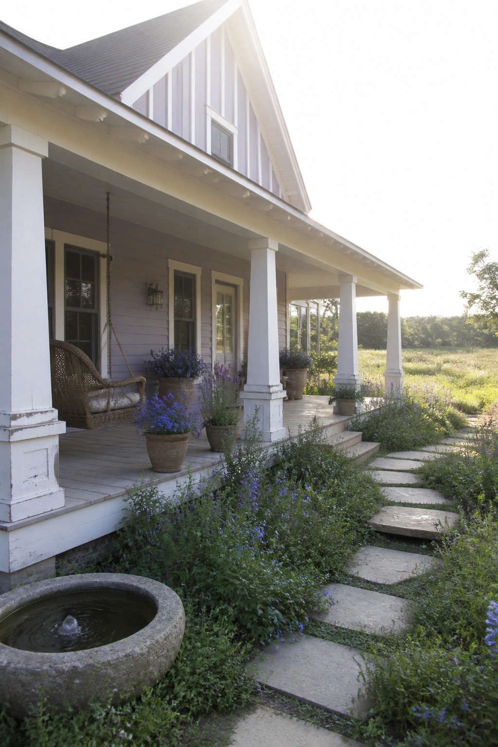 A light purple house with white board-and-batten siding, a white porch with columns, potted plants, and a stone path in front.