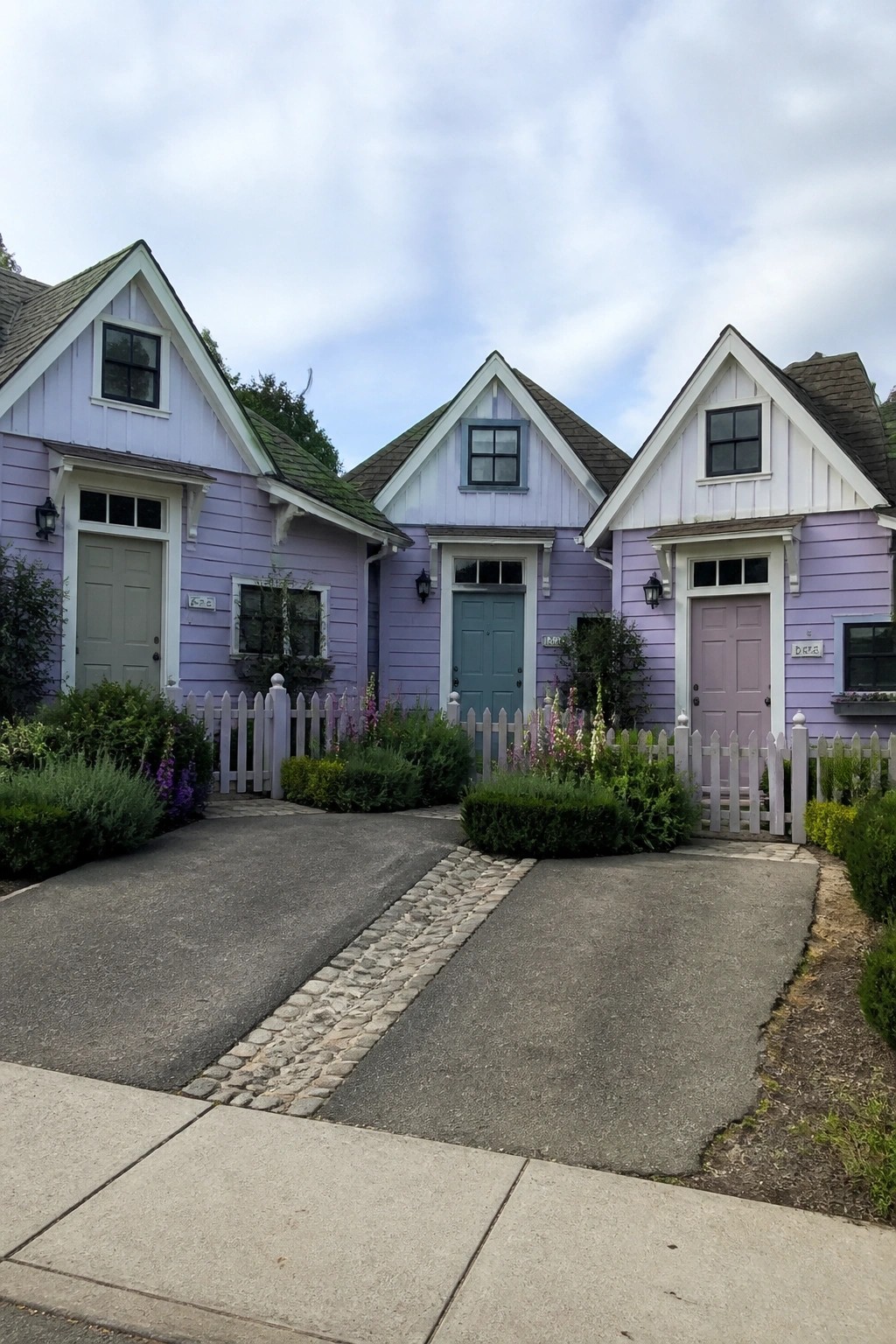Three small houses with light purple siding, white trim, and a white picket fence along a shared driveway.