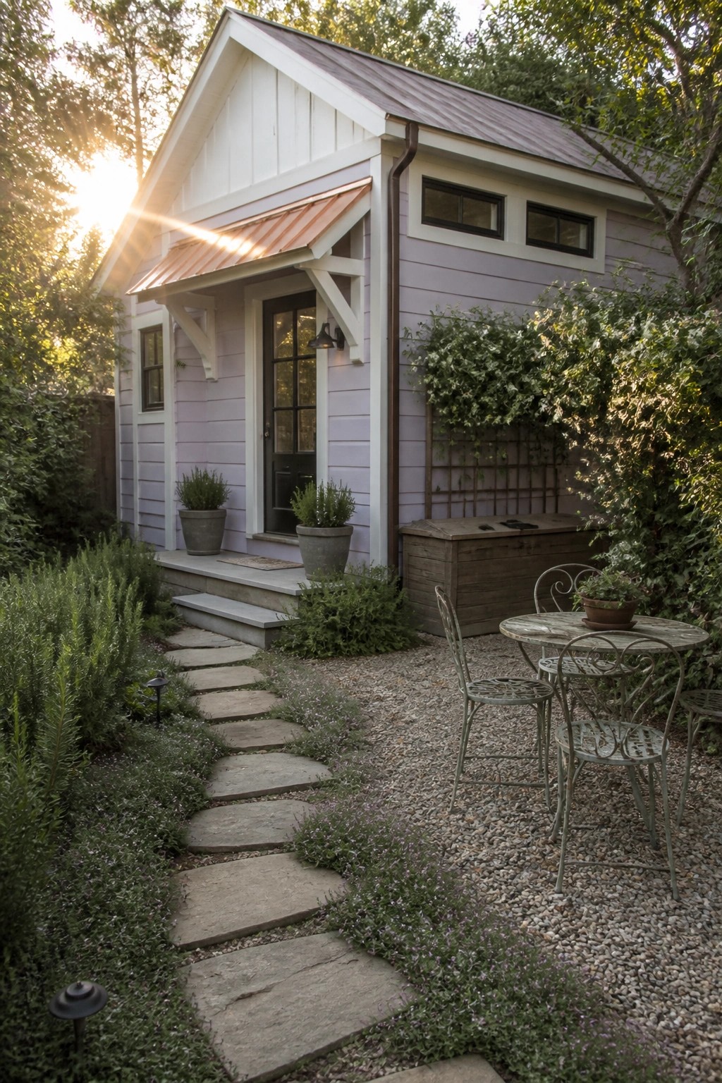 Light purple house exterior with white trim, copper awning over black door, gravel area with metal table and chairs, and stone pathway.
