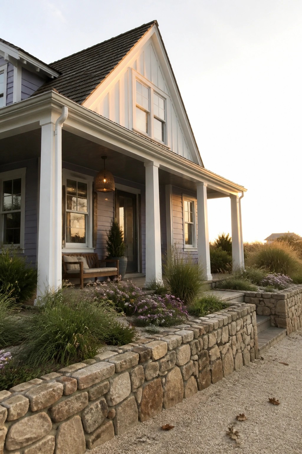 A light purple house exterior with white board-and-batten siding on the gable and porch, stone retaining wall, and landscaping in front.