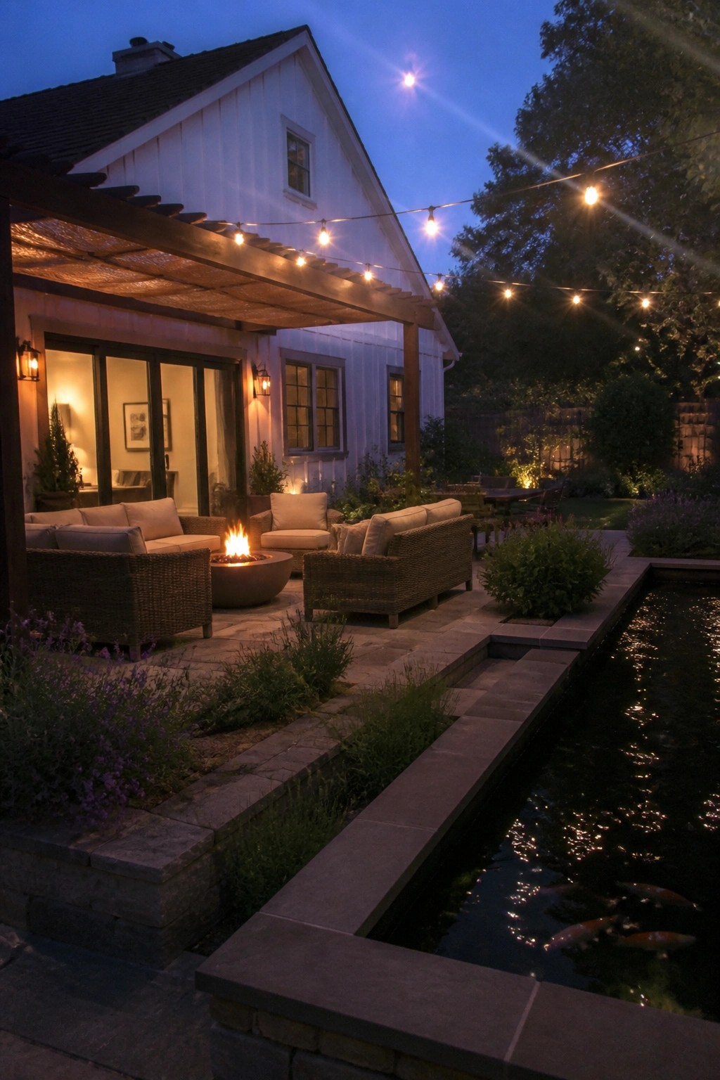 A white board-and-batten house exterior with attached stone patio, fire pit, wicker seating, string lights, and a long pond with koi fish at dusk.