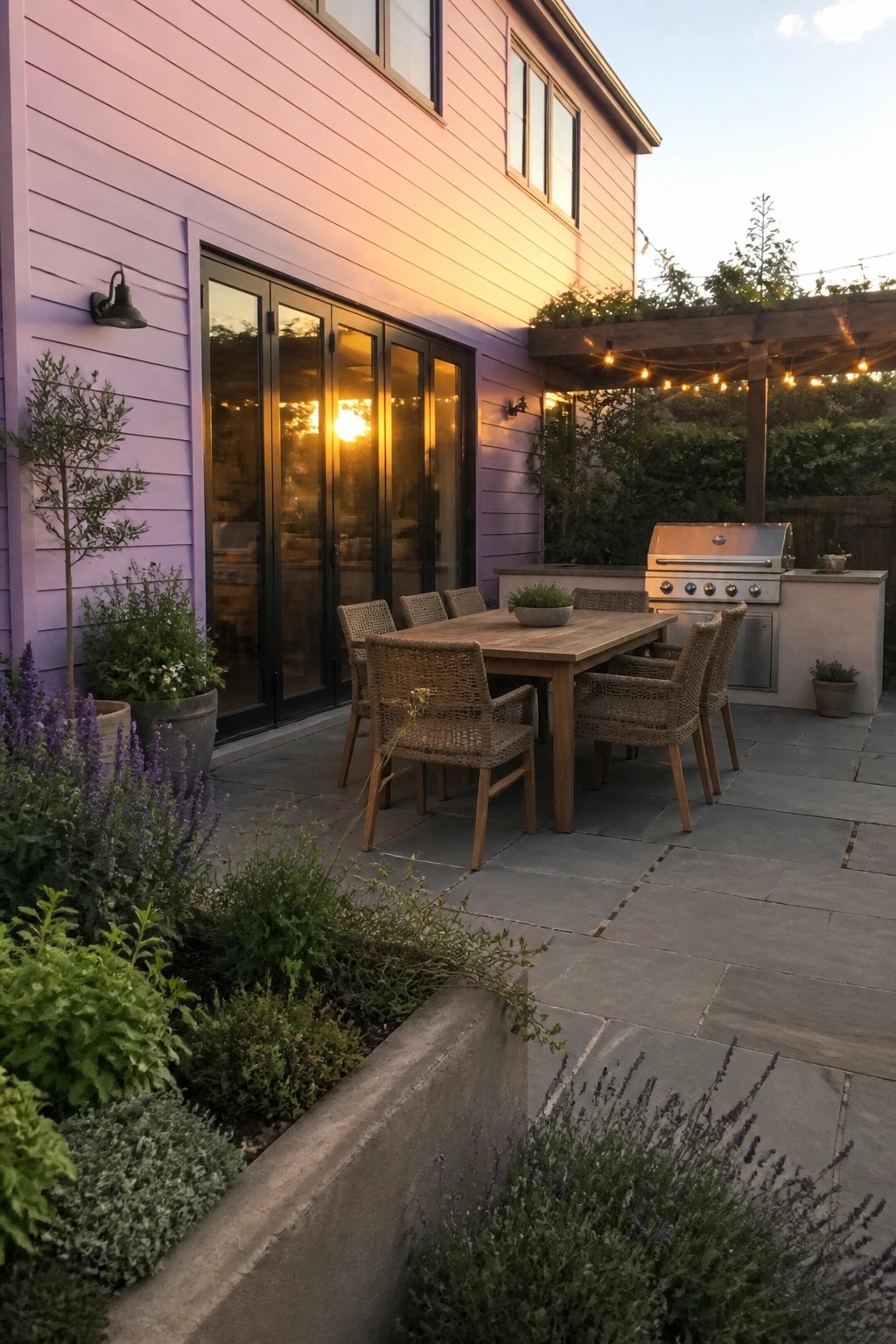 A house with horizontal purple lap siding, black-framed glass doors, and a stone patio with a wooden dining table and outdoor grill.