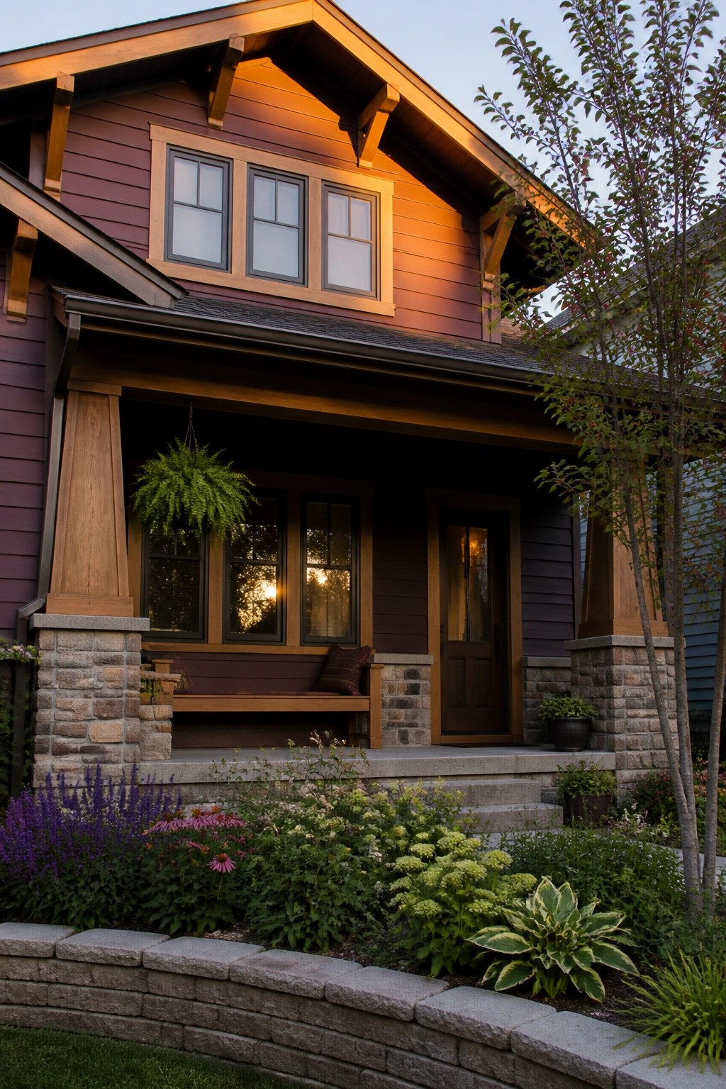 A two-story house with deep purple horizontal lap siding, wooden trim around windows and porch, a covered entry with bench, and a stone foundation.