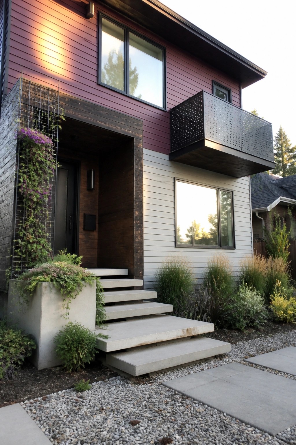 A two-story modern house with deep purple horizontal lap siding on the upper level, dark wood entry surround, concrete steps, and a black metal balcony.