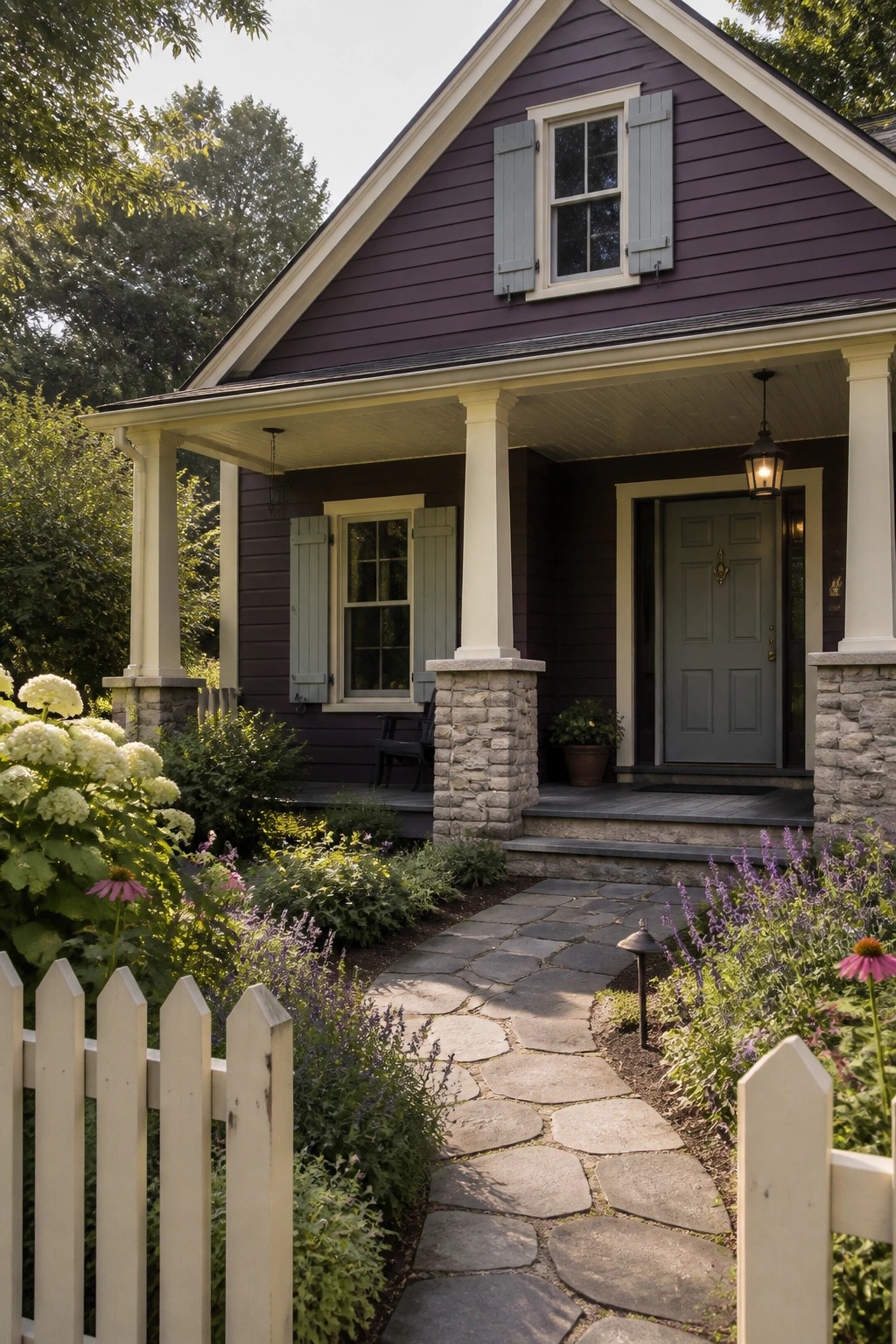 A two-story house with deep purple horizontal lap siding, cream trim, a covered front porch with white columns and stone bases, a gray door, and a stone pathway bordered by flowers and a white picket fence.