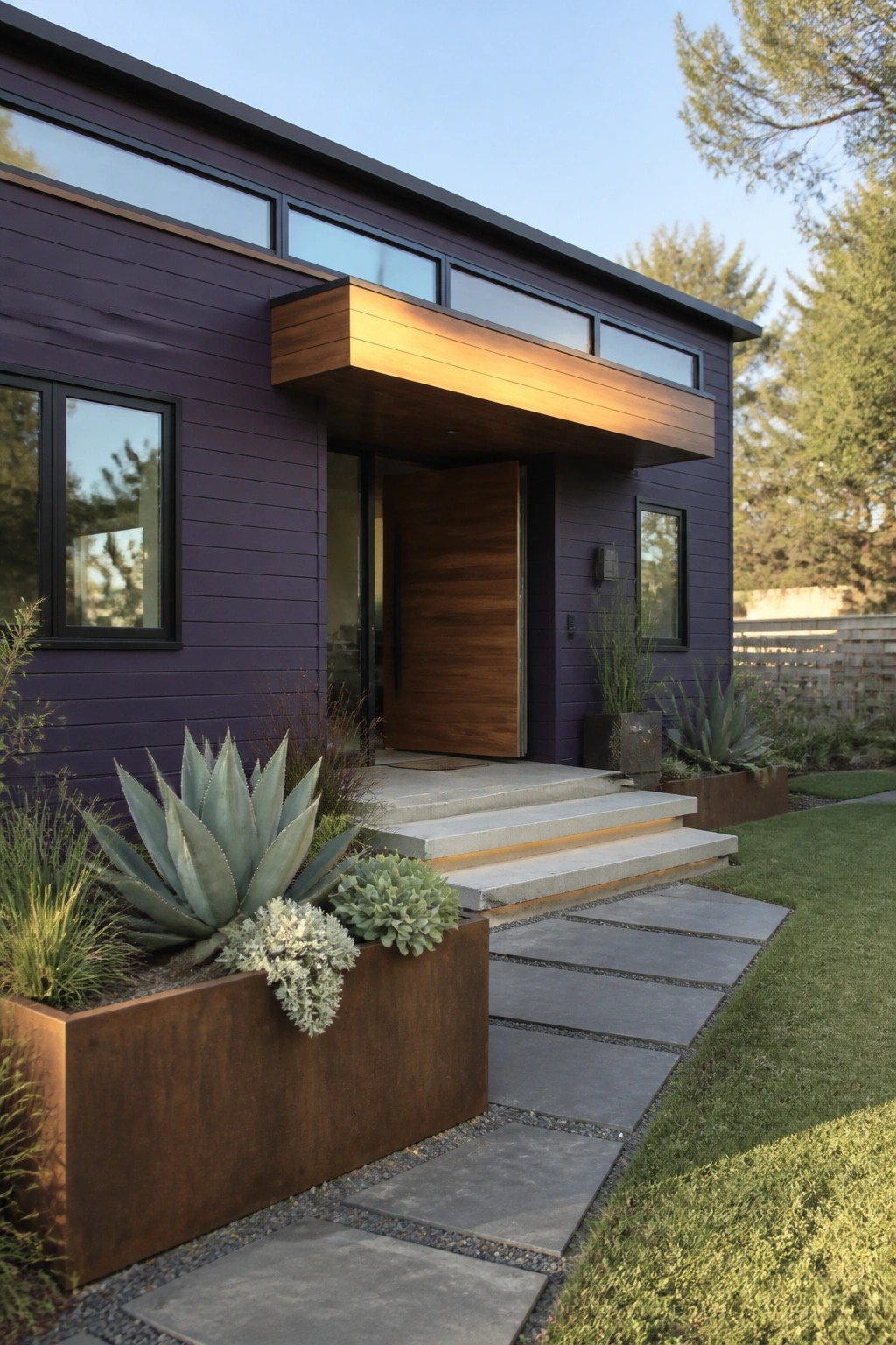 Modern house exterior with deep purple horizontal lap siding, a wood front door under a lit overhang, concrete steps, and metal planters with succulents along a stone path.