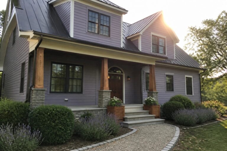 A two-story house with purple horizontal lap siding, white trim, a front porch with wooden columns and stone bases, and a gravel path with shrubs.